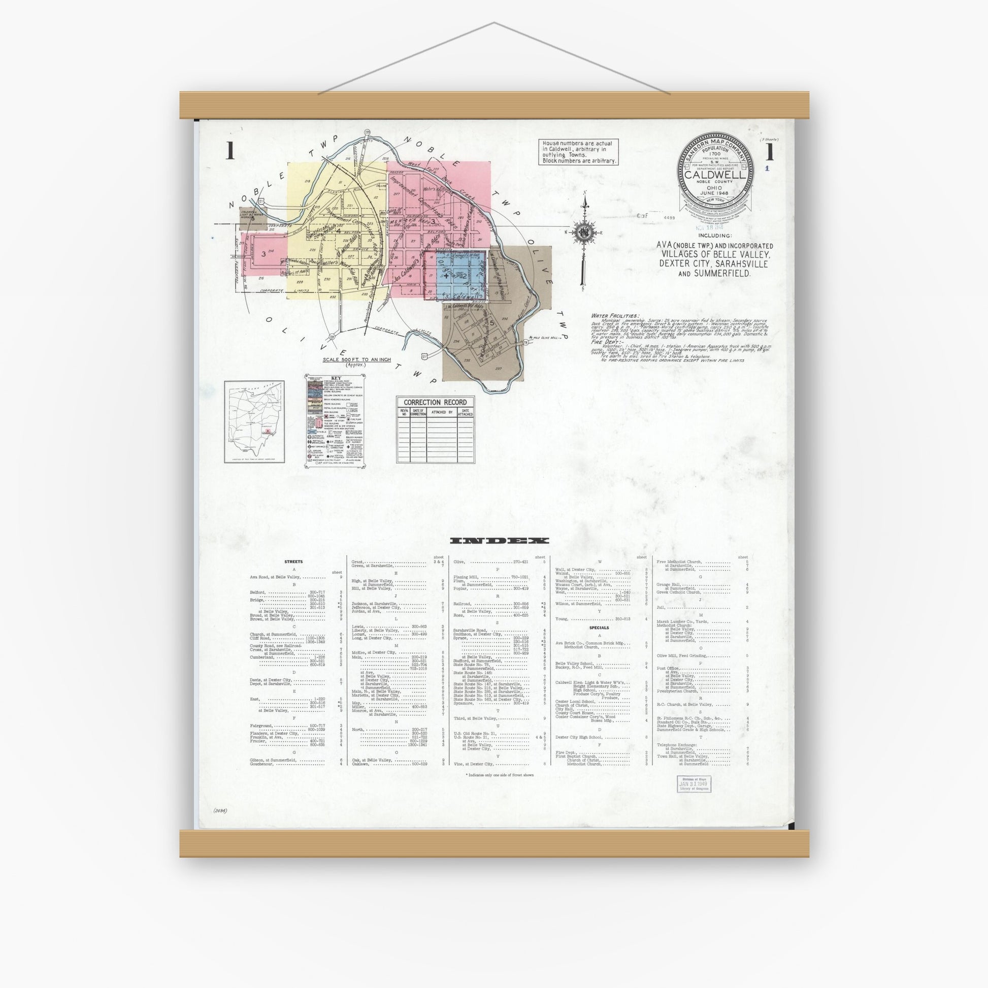 Old map wall art mockup — magnetic wood frame on white wall — Sanborn Fire Insurance Map from Caldwell, Noble County, Ohio (1948), Sheet #0001