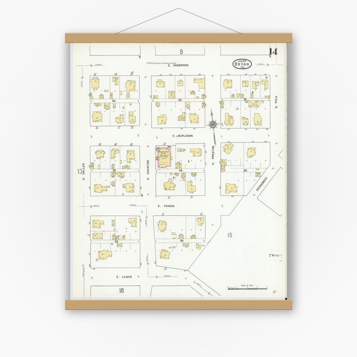 Old map wall art mockup — magnetic wood frame on white wall — Sanborn Fire Insurance Map from Bryan, Brazos County, Texas (1912), Sheet #0014