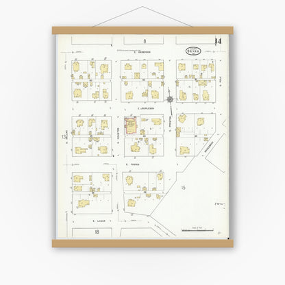 Old map wall art mockup — magnetic wood frame on white wall — Sanborn Fire Insurance Map from Bryan, Brazos County, Texas (1912), Sheet #0014