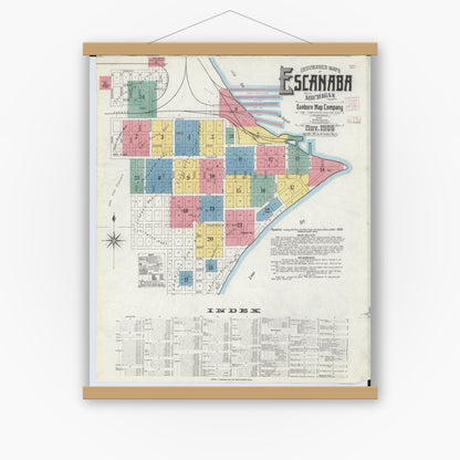 Old map wall art mockup — magnetic wood frame on white wall — Sanborn Fire Insurance Map from Escanaba, Delta County, Michigan (1906), Sheet #0001