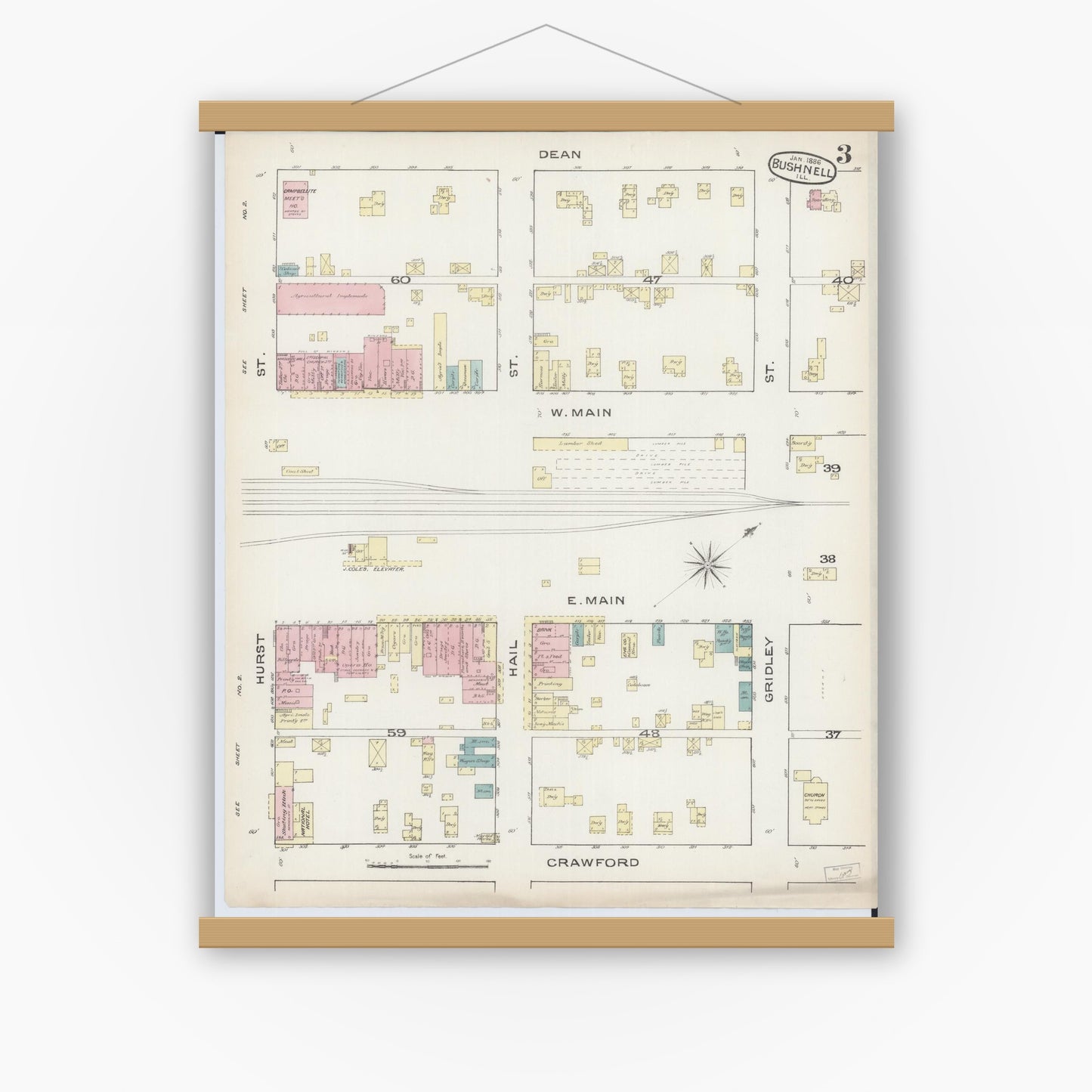 Old map wall art mockup — magnetic wood frame on white wall — Sanborn Fire Insurance Map from Bushnell, Mcdonough County, Illinois (1886), Sheet #0003