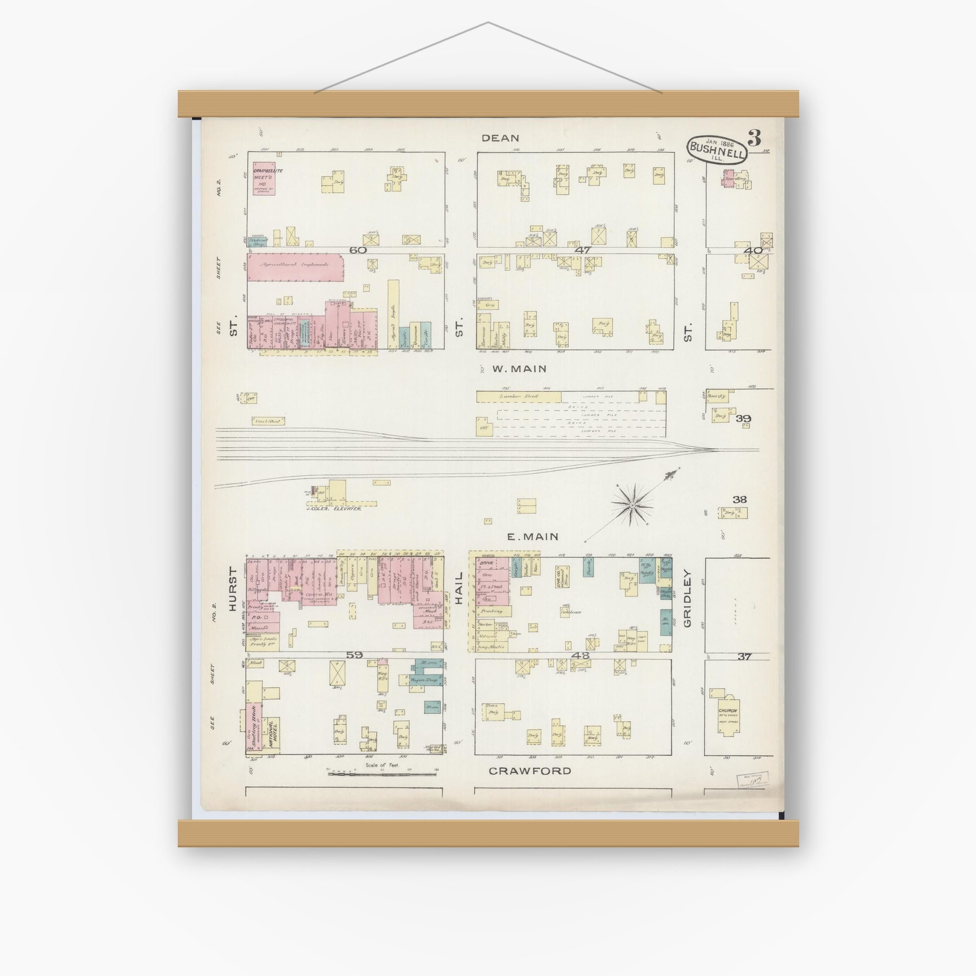 Old map wall art mockup — magnetic wood frame on white wall — Sanborn Fire Insurance Map from Bushnell, Mcdonough County, Illinois (1886), Sheet #0003
