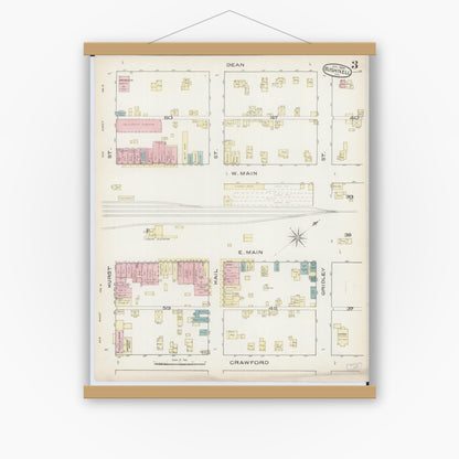 Old map wall art mockup — magnetic wood frame on white wall — Sanborn Fire Insurance Map from Bushnell, Mcdonough County, Illinois (1886), Sheet #0003