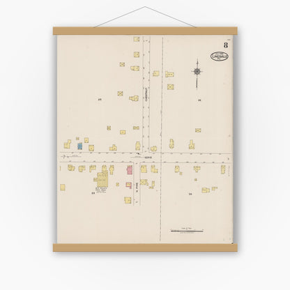 Old map wall art mockup — magnetic wood frame on white wall — Sanborn Fire Insurance Map from Linesville, Crawford County, Pennsylvania (1922), Sheet #0008