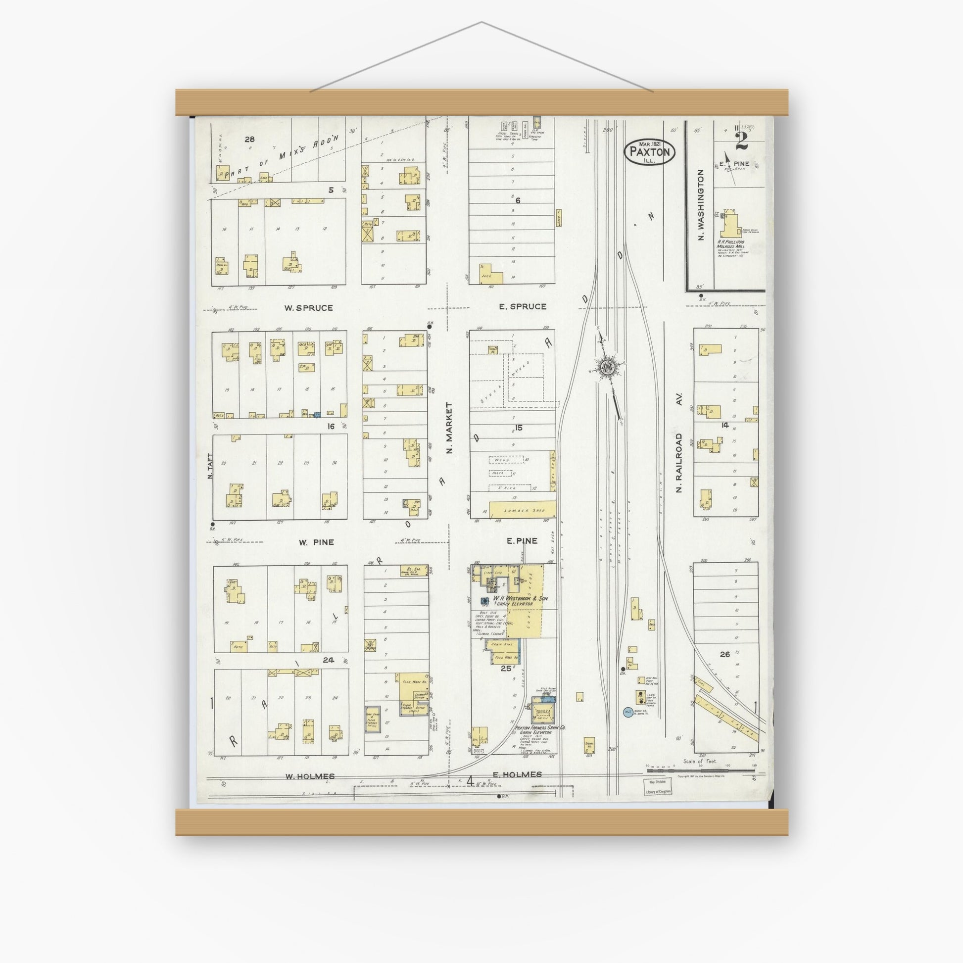 Old map wall art mockup — magnetic wood frame on white wall — Sanborn Fire Insurance Map from Paxton, Ford County, Illinois (1921), Sheet #0002