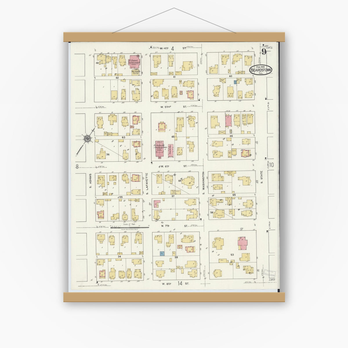 Old map wall art mockup — magnetic wood frame on white wall — Sanborn Fire Insurance Map from Beardstown, Cass County, Illinois (1919), Sheet #0009