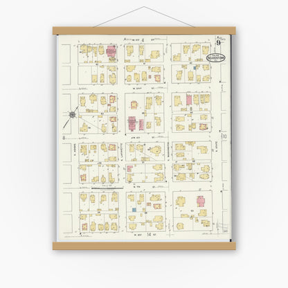 Old map wall art mockup — magnetic wood frame on white wall — Sanborn Fire Insurance Map from Beardstown, Cass County, Illinois (1919), Sheet #0009