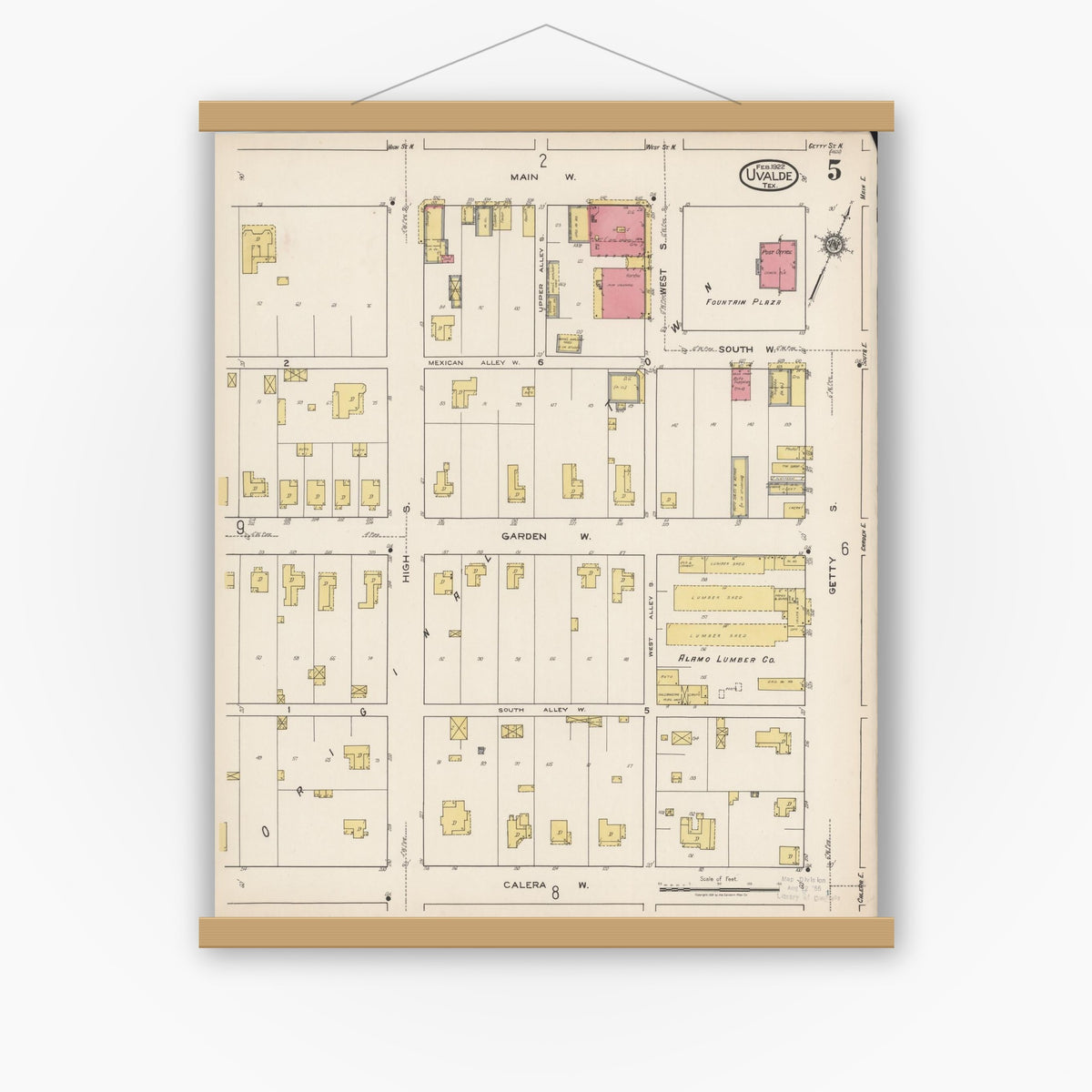 Old map wall art mockup — magnetic wood frame on white wall — Sanborn Fire Insurance Map from Uvalde, Uvalde County, Texas (1922), Sheet #0005