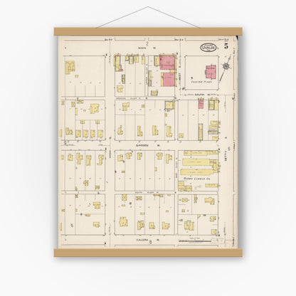 Old map wall art mockup — magnetic wood frame on white wall — Sanborn Fire Insurance Map from Uvalde, Uvalde County, Texas (1922), Sheet #0005