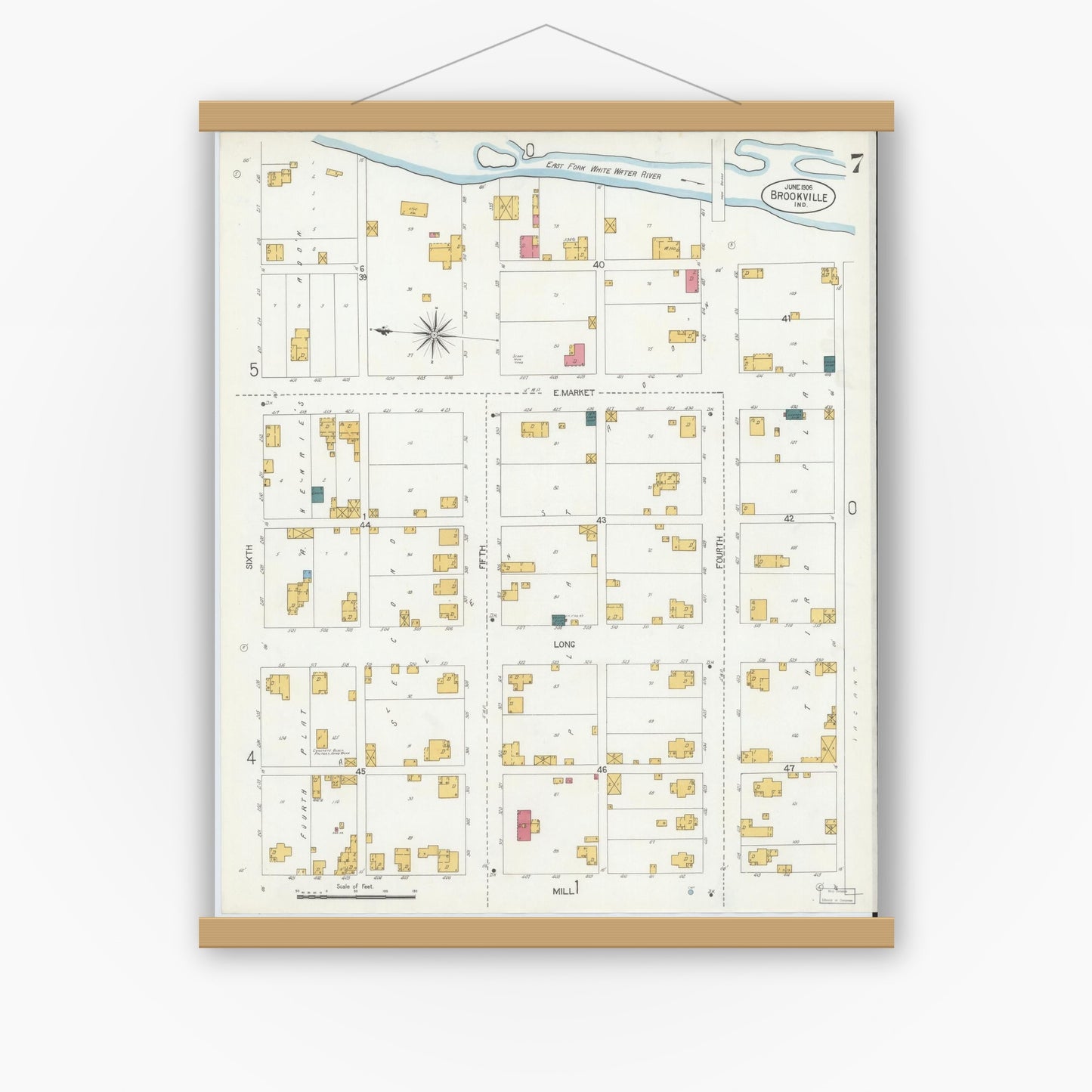Old map wall art mockup — magnetic wood frame on white wall — Sanborn Fire Insurance Map from Brookville, Franklin County, Indiana (1906), Sheet #0007