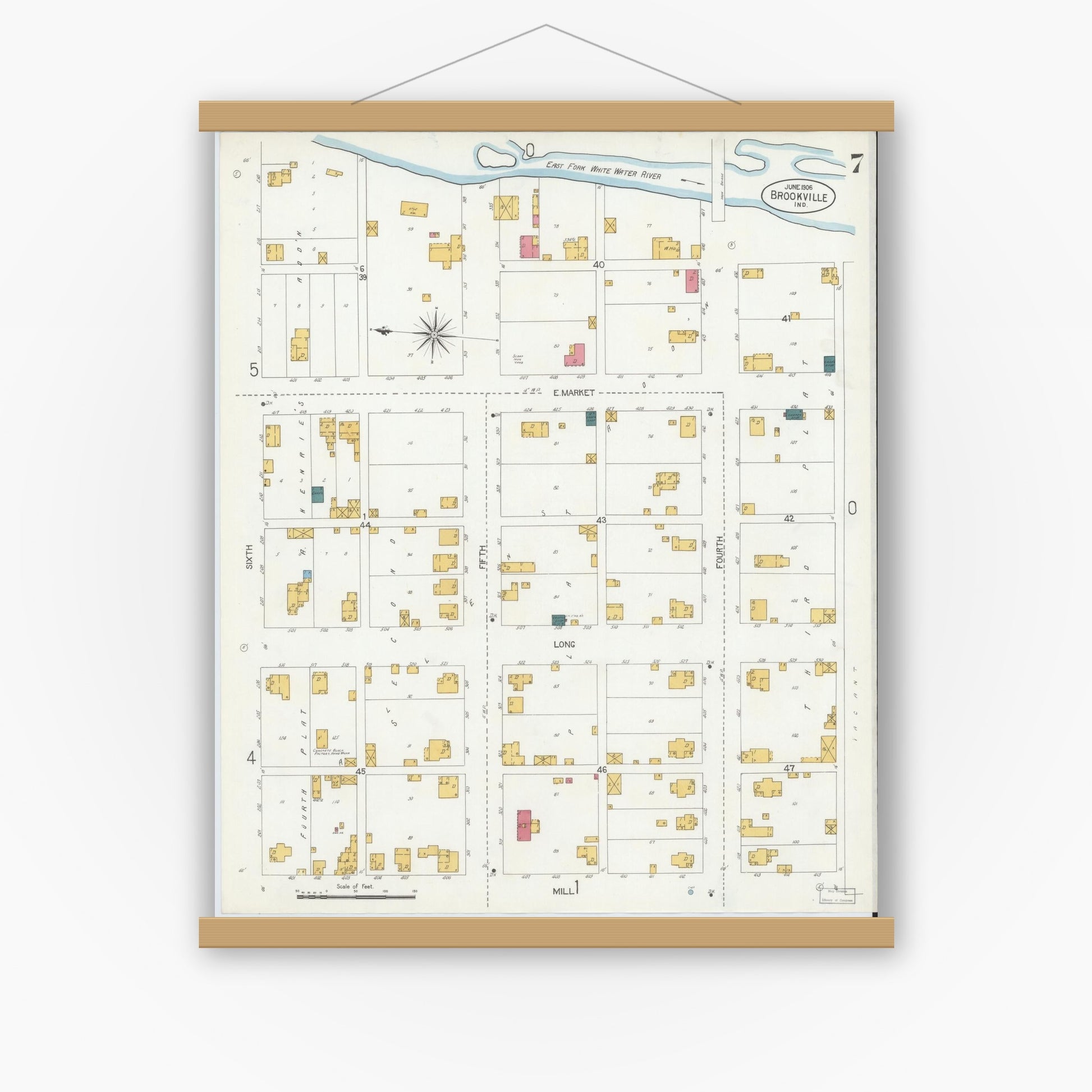 Old map wall art mockup — magnetic wood frame on white wall — Sanborn Fire Insurance Map from Brookville, Franklin County, Indiana (1906), Sheet #0007