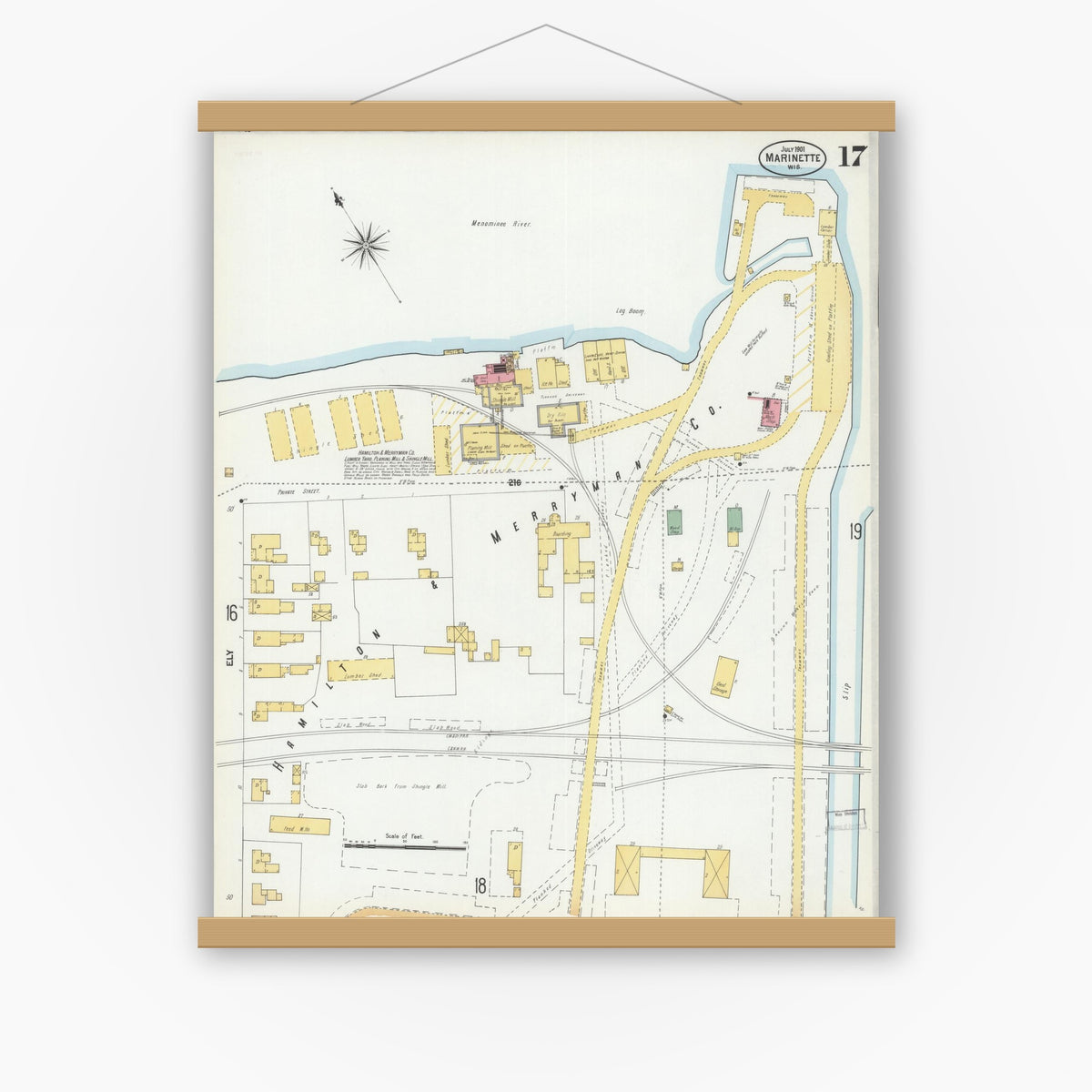 Old map wall art mockup — magnetic wood frame on white wall — Sanborn Fire Insurance Map from Marinette, Marinette County, Wisconsin (1901), Sheet #0017