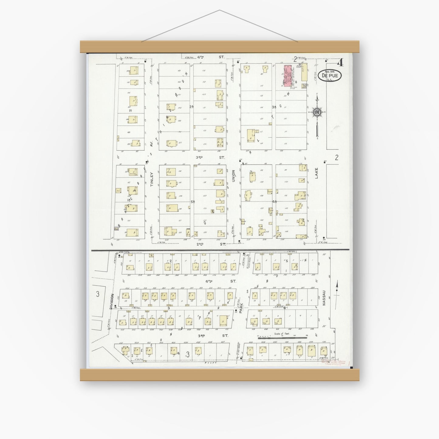 Old map wall art mockup — magnetic wood frame on white wall — Sanborn Fire Insurance Map from De Pue, Bureau County, Illinois (1914), Sheet #0004
