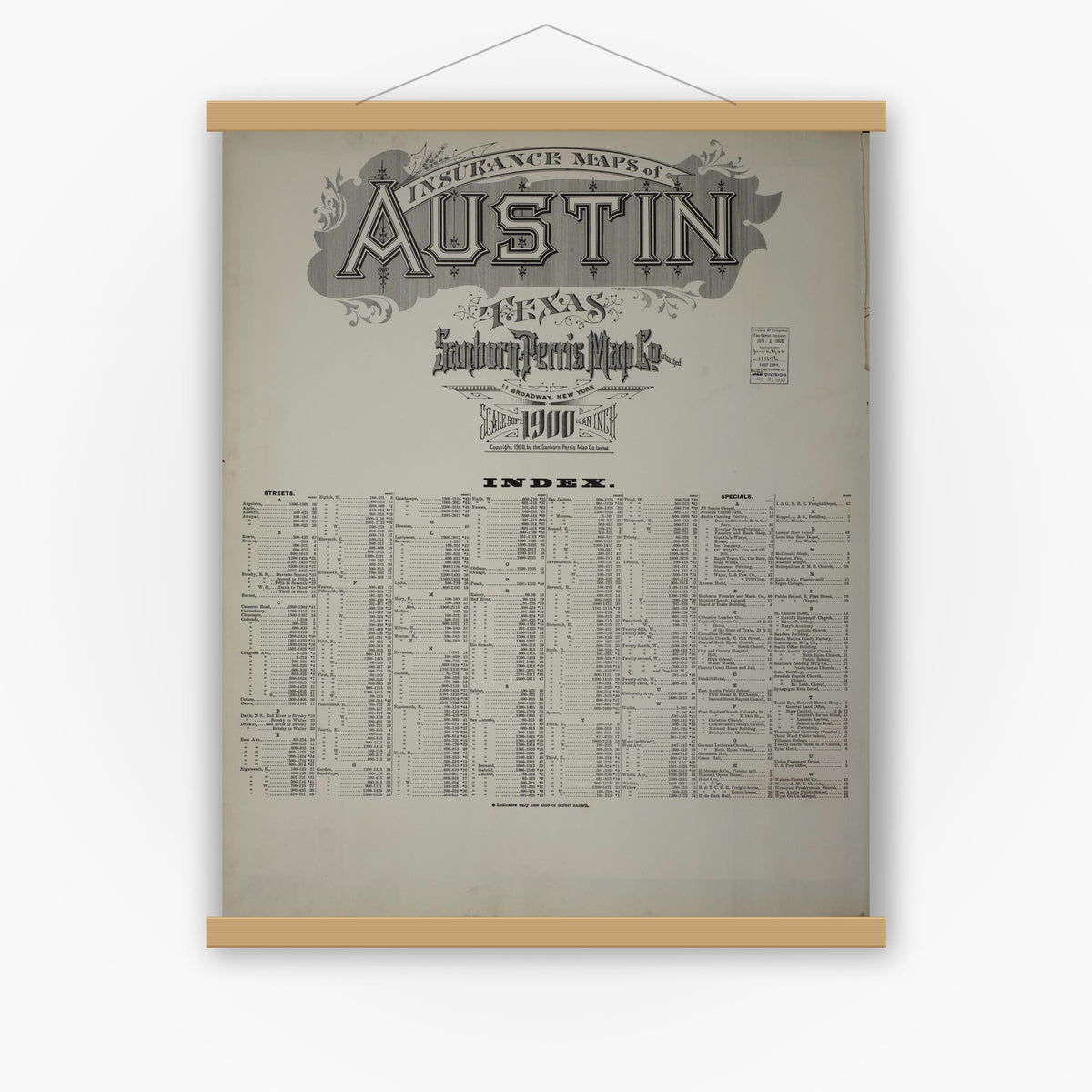 Old map wall art mockup — magnetic wood frame on white wall — Sanborn Fire Insurance Map from Austin, Travis County, Texas (1900), Sheet #0001