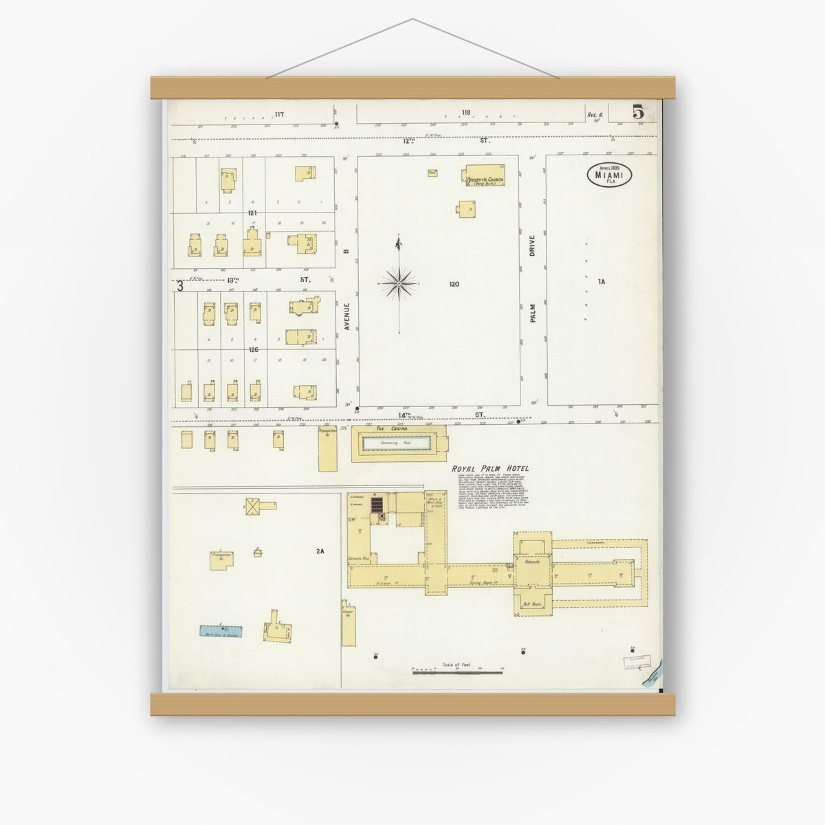 Old map wall art mockup — magnetic wood frame on white wall — Sanborn Fire Insurance Map from Miami, Dade County, Florida (1899), Sheet #0005