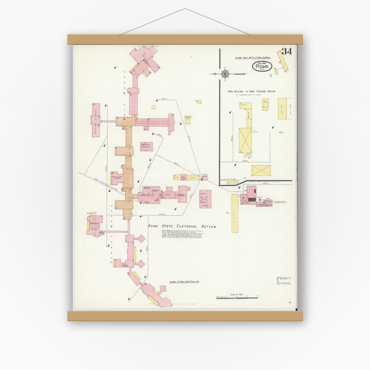 Old map wall art mockup — magnetic wood frame on white wall — Sanborn Fire Insurance Map from Rome, Oneida County, New York (1909), Sheet #0034