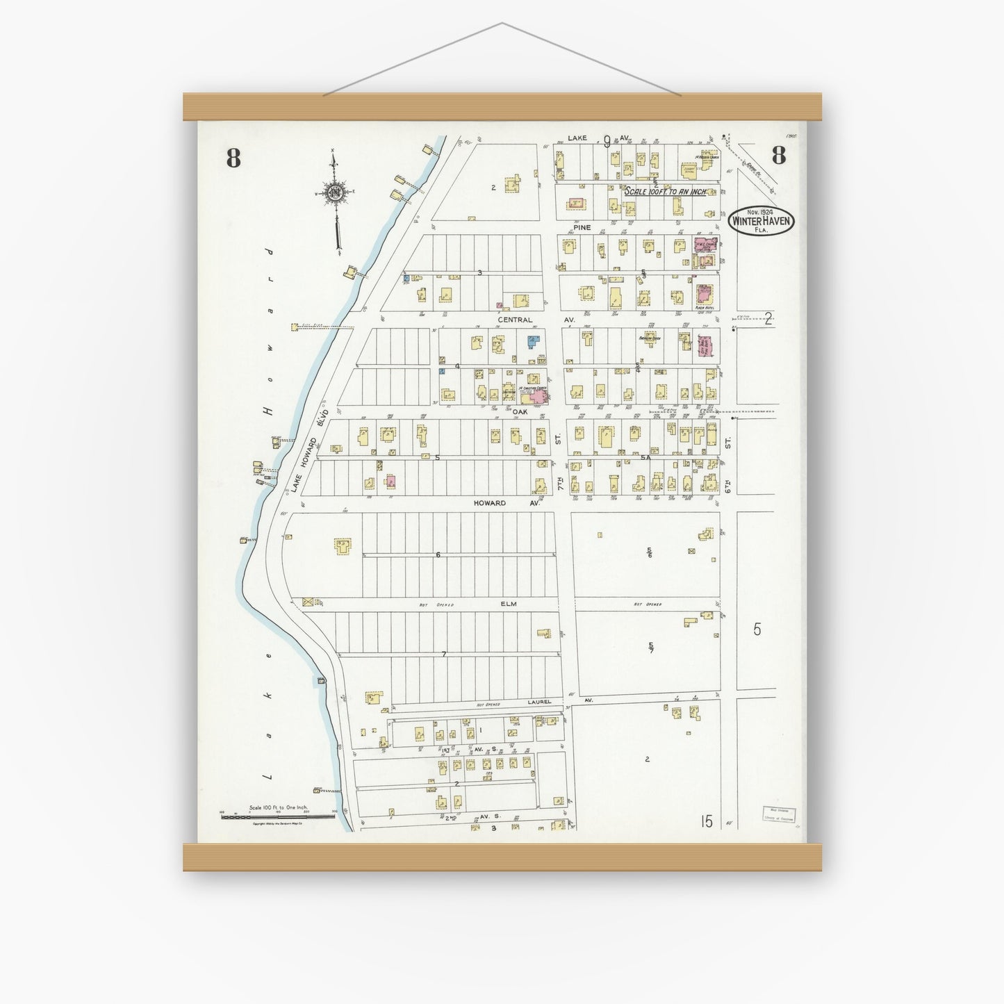 Old map wall art mockup — magnetic wood frame on white wall — Sanborn Fire Insurance Map from Winter Haven, Polk County, Florida (1924), Sheet #0008