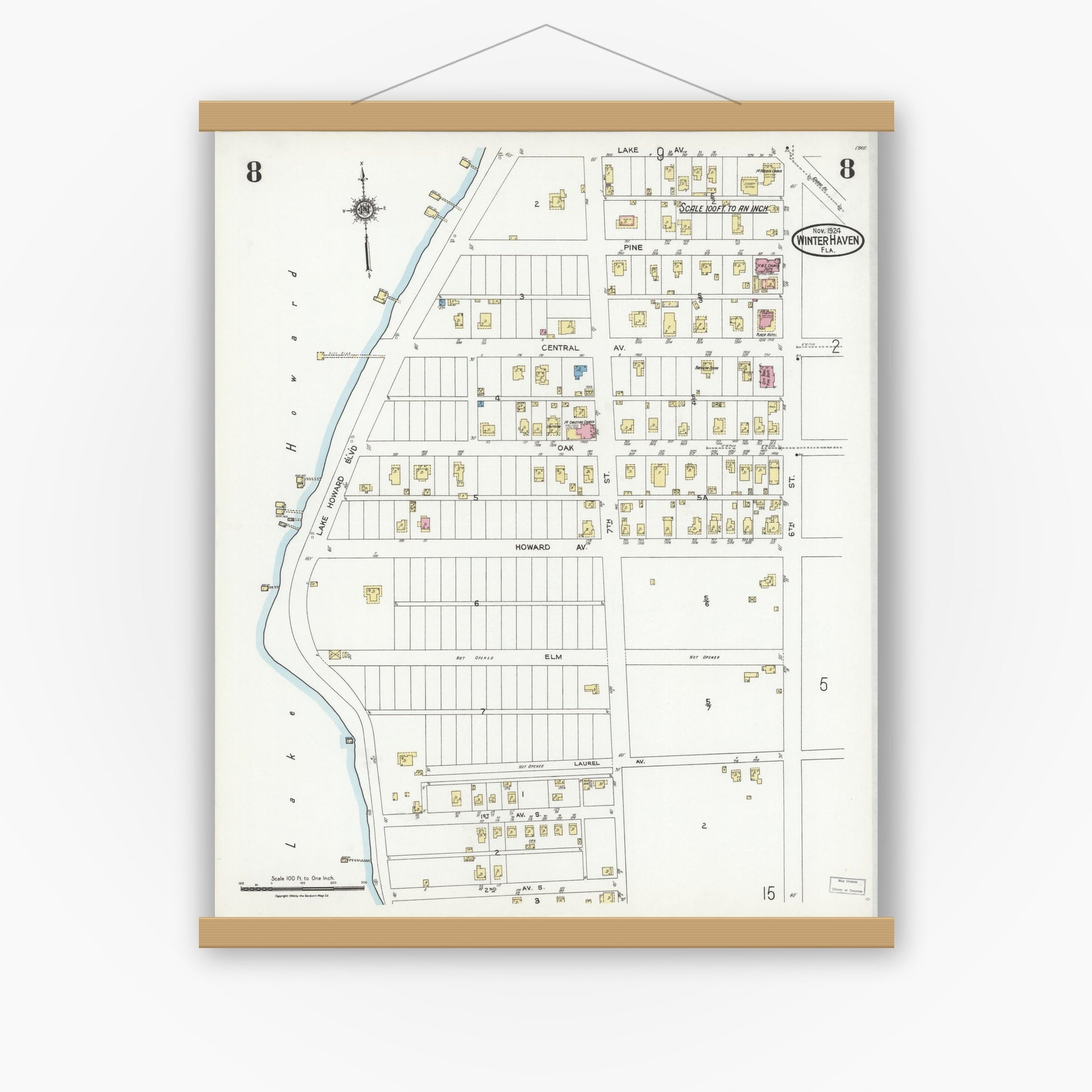 Old map wall art mockup — magnetic wood frame on white wall — Sanborn Fire Insurance Map from Winter Haven, Polk County, Florida (1924), Sheet #0008