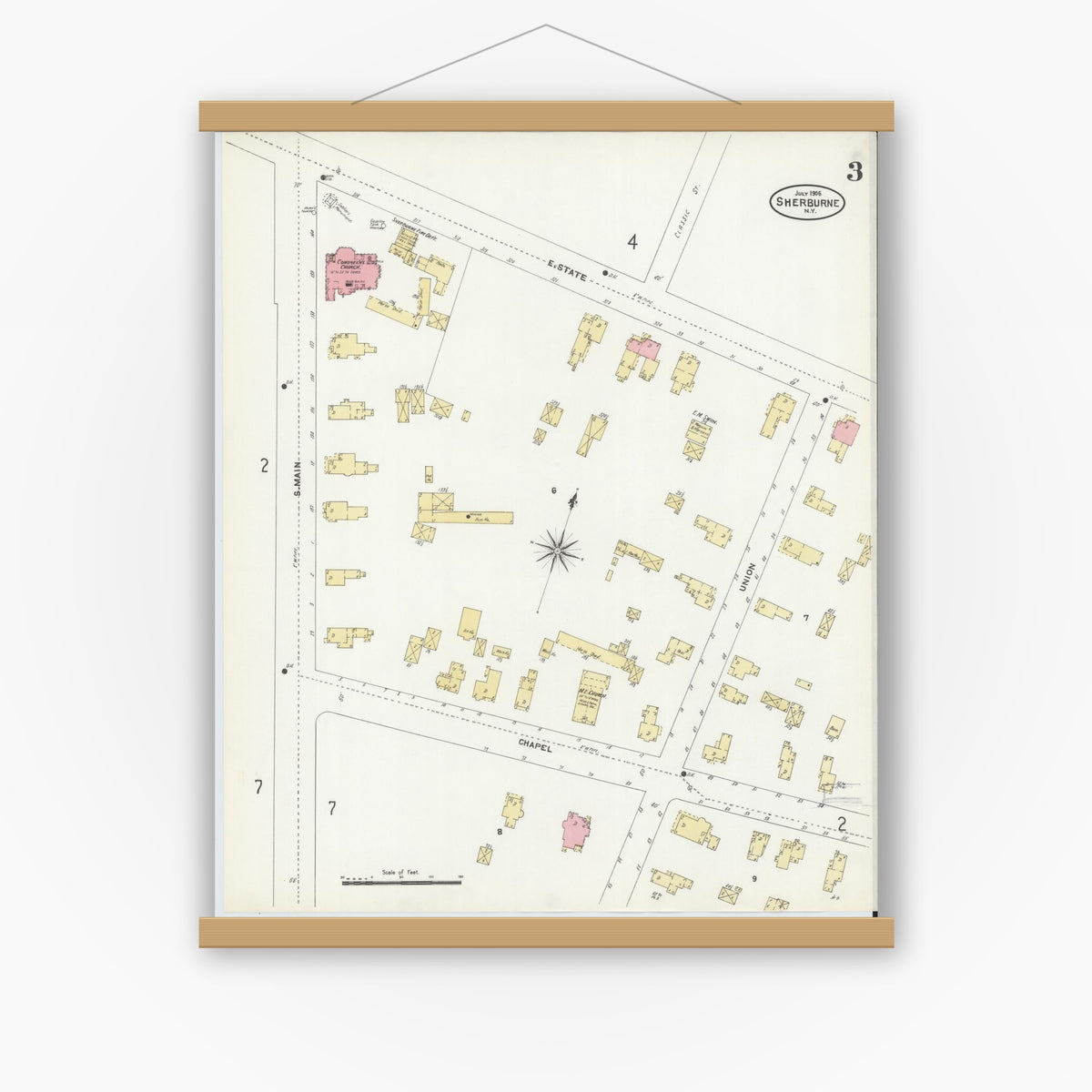 Old map wall art mockup — magnetic wood frame on white wall — Sanborn Fire Insurance Map from Sherburne, Chenango County, New York (1906), Sheet #0003