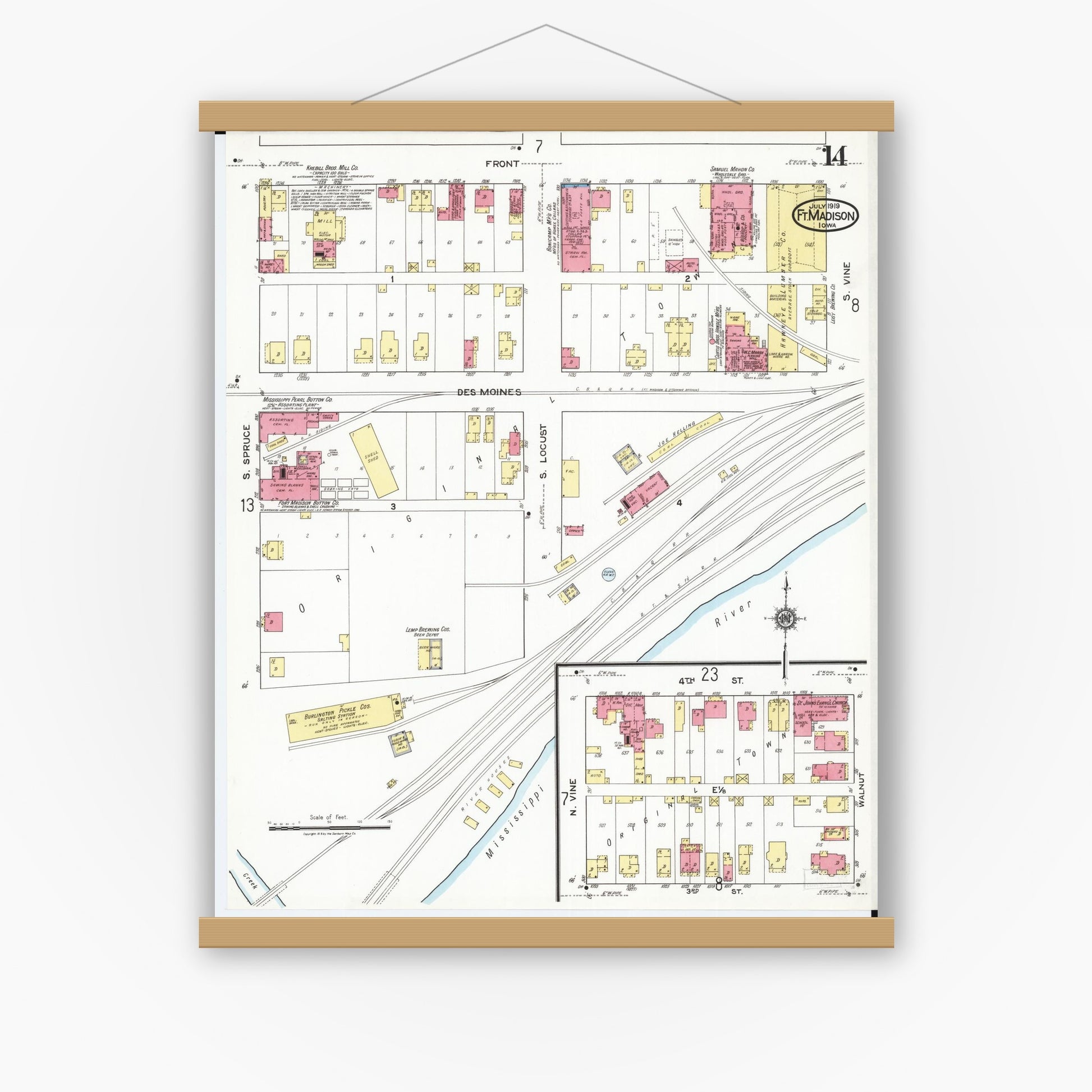 Old map wall art mockup — magnetic wood frame on white wall — Sanborn Fire Insurance Map from Fort Madison, Lee County, Iowa (1919), Sheet #0014