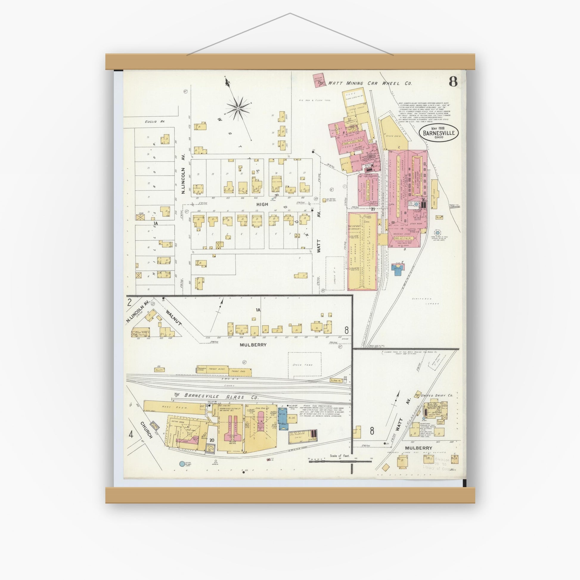 Old map wall art mockup — magnetic wood frame on white wall — Sanborn Fire Insurance Map from Barnesville, Belmont County, Ohio (1908), Sheet #0008