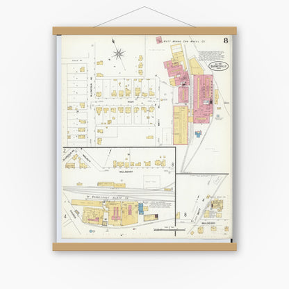 Old map wall art mockup — magnetic wood frame on white wall — Sanborn Fire Insurance Map from Barnesville, Belmont County, Ohio (1908), Sheet #0008