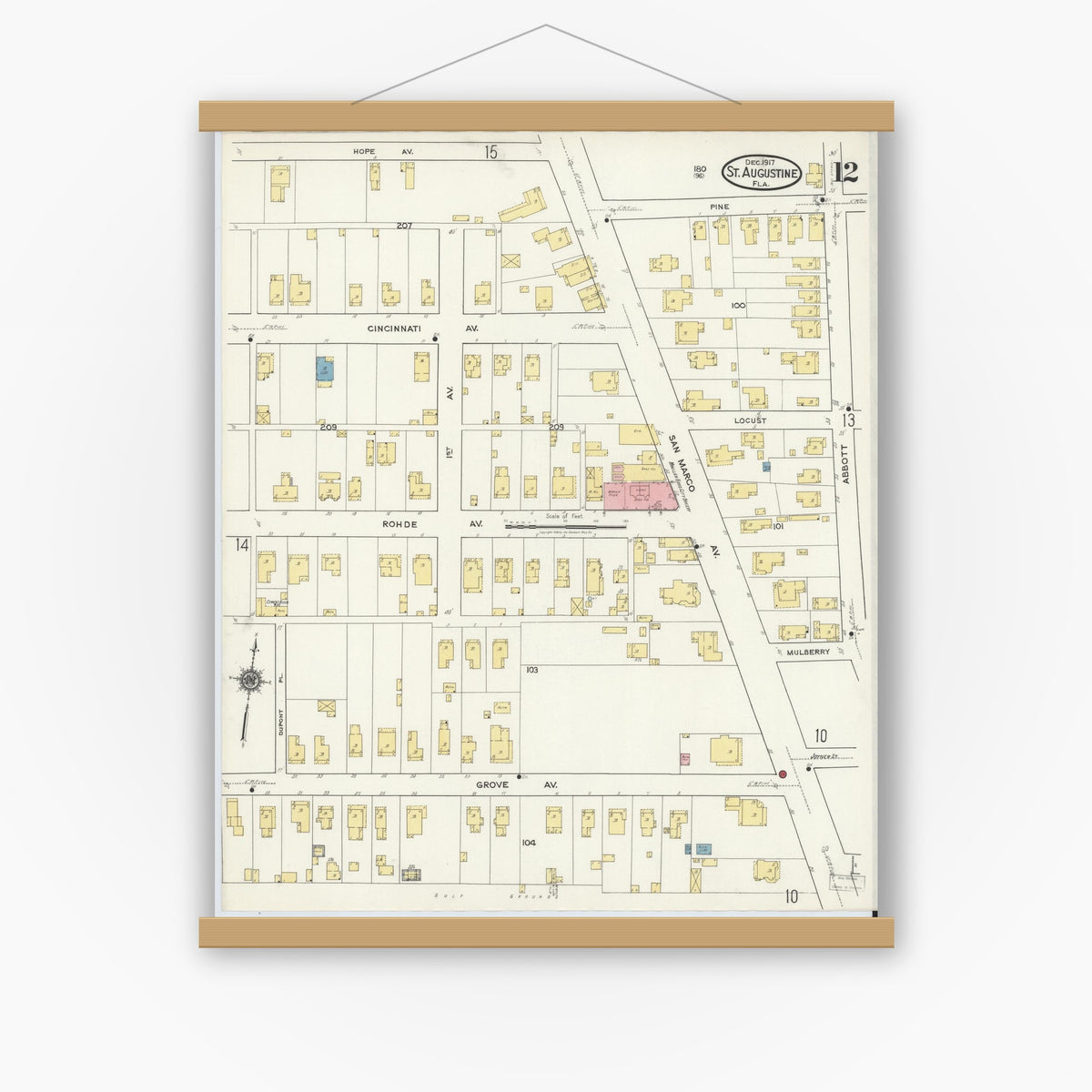 Old map wall art mockup — magnetic wood frame on white wall — Sanborn Fire Insurance Map from Saint Augustine, Saint John's County, Florida (1917), Sheet #0012