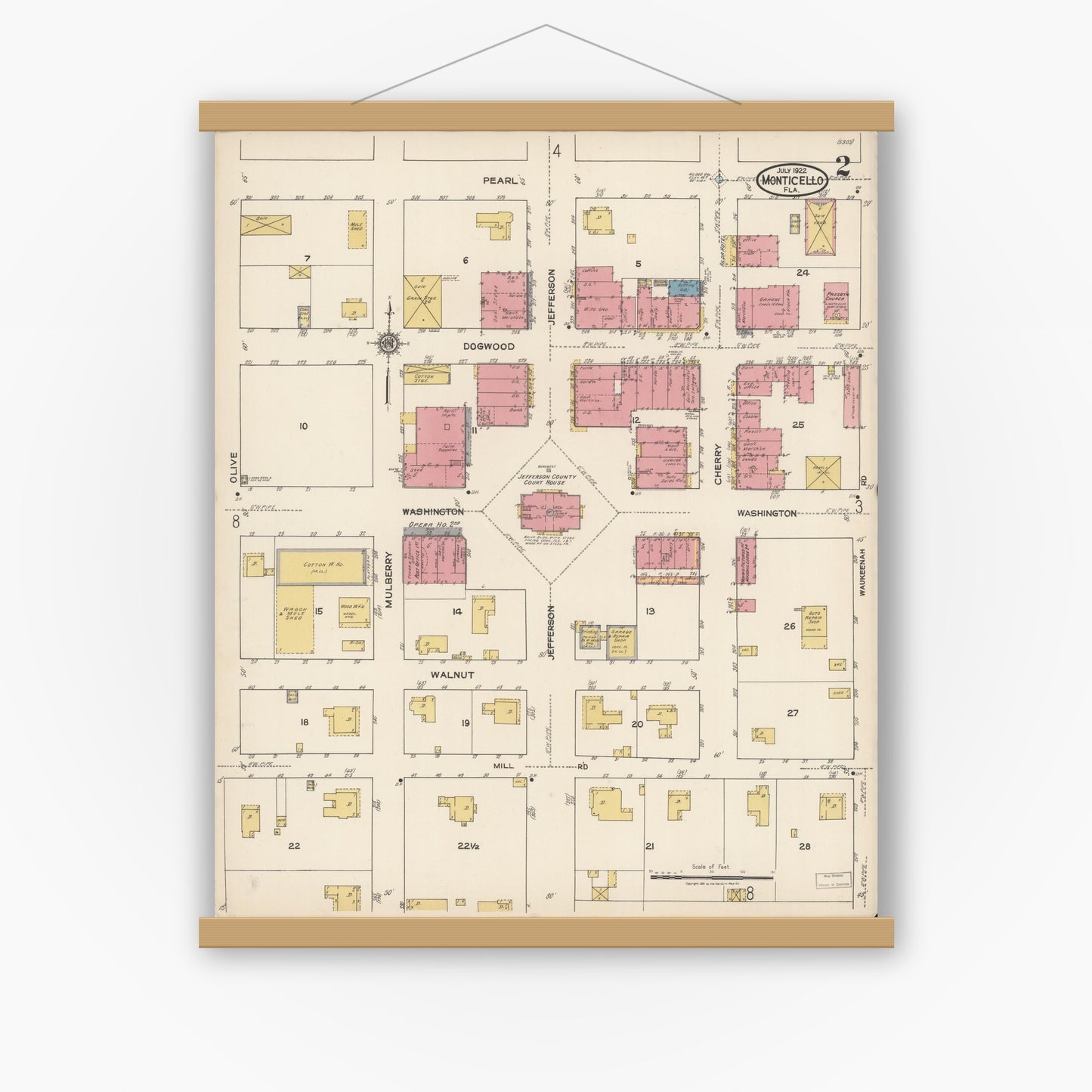 Old map wall art mockup — magnetic wood frame on white wall — Sanborn Fire Insurance Map from Monticello, Jefferson County, Florida (1922), Sheet #0002