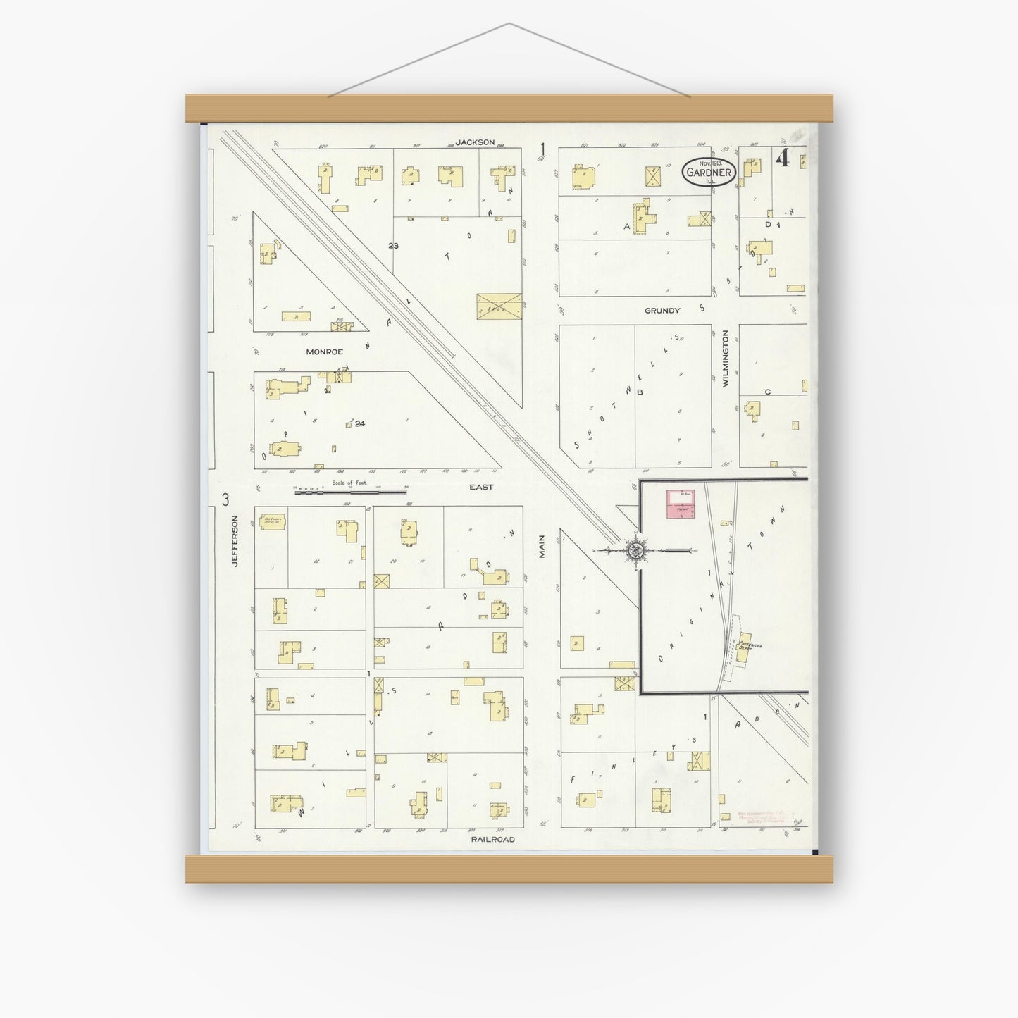 Old map wall art mockup — magnetic wood frame on white wall — Sanborn Fire Insurance Map from Gardner, Grundy County, Illinois (1913), Sheet #0004