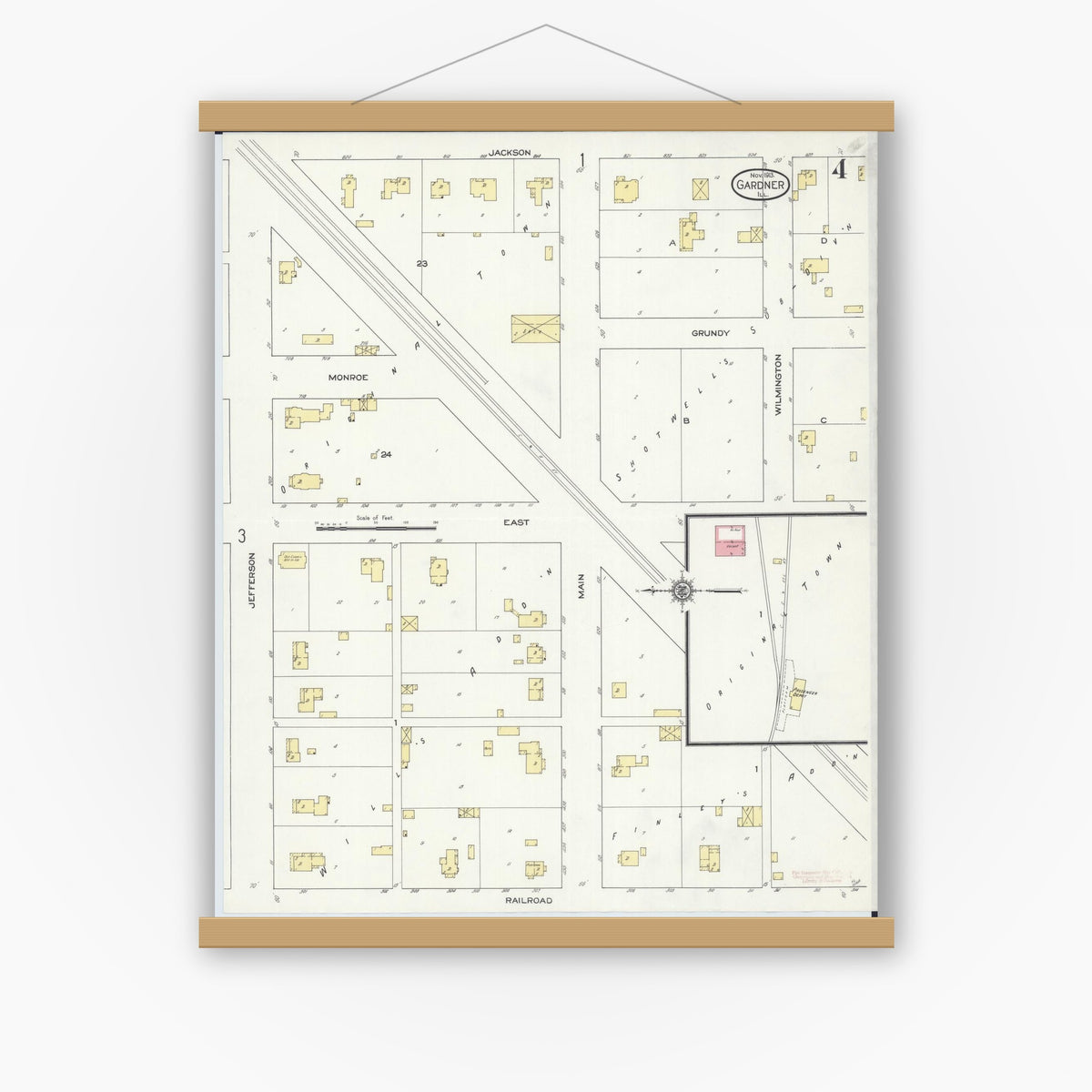 Old map wall art mockup — magnetic wood frame on white wall — Sanborn Fire Insurance Map from Gardner, Grundy County, Illinois (1913), Sheet #0004
