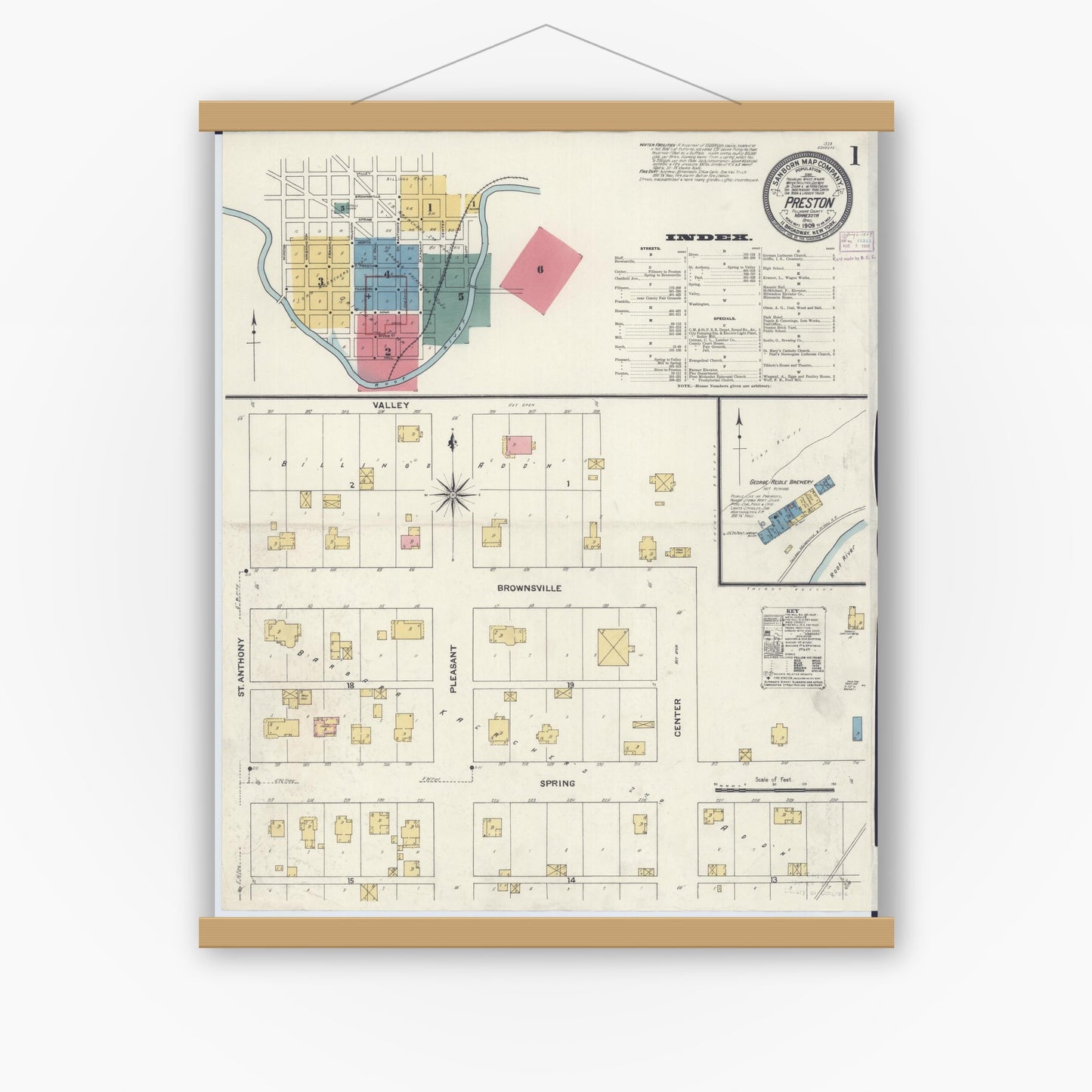 Old map wall art mockup — magnetic wood frame on white wall — Sanborn Fire Insurance Map from Preston, Fillmore County, Minnesota (1909) - Complete Map Set