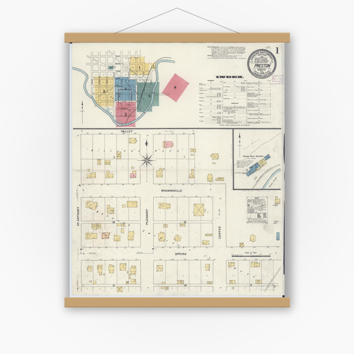 Old map wall art mockup — magnetic wood frame on white wall — Sanborn Fire Insurance Map from Preston, Fillmore County, Minnesota (1909) - Complete Map Set