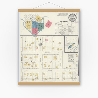Old map wall art mockup — magnetic wood frame on white wall — Sanborn Fire Insurance Map from Preston, Fillmore County, Minnesota (1909) - Complete Map Set