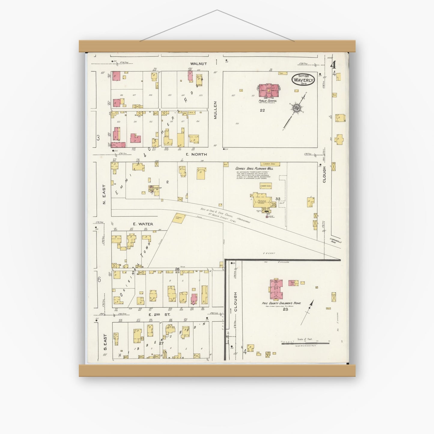 Old map wall art mockup — magnetic wood frame on white wall — Sanborn Fire Insurance Map from Waverly, Pike County, Ohio (1921), Sheet #0004