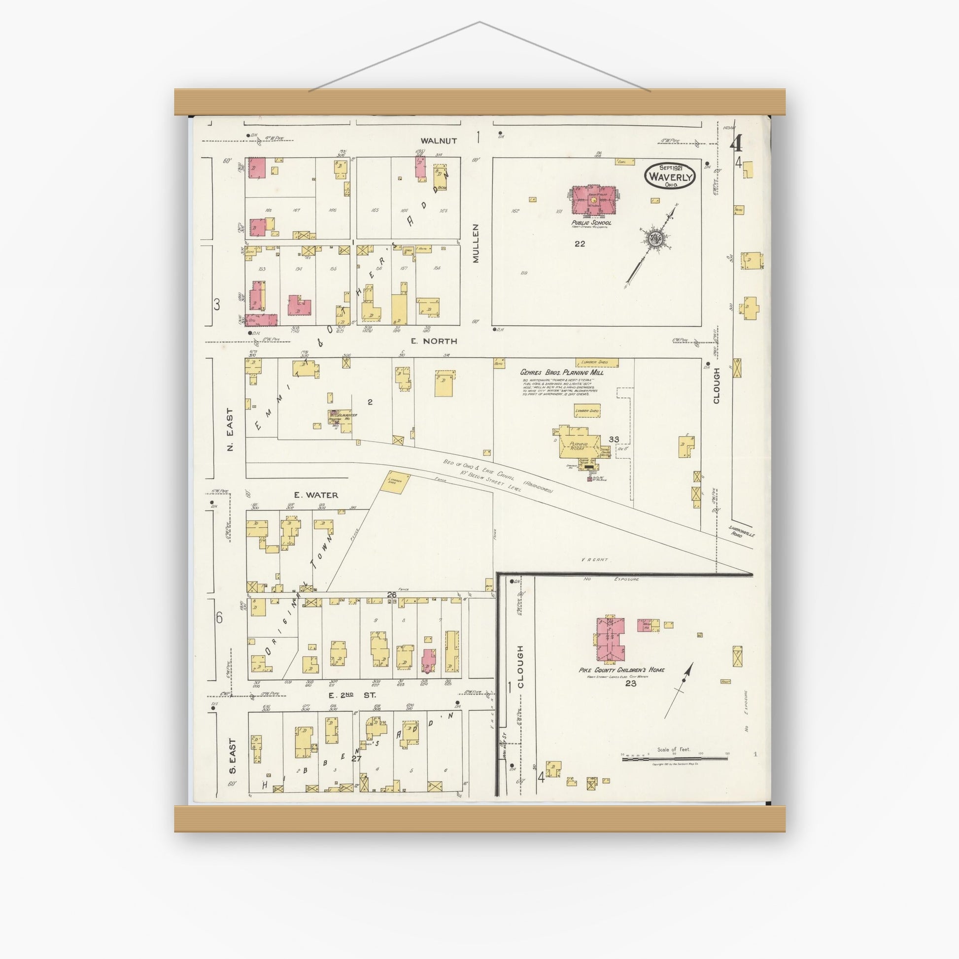 Old map wall art mockup — magnetic wood frame on white wall — Sanborn Fire Insurance Map from Waverly, Pike County, Ohio (1921), Sheet #0004