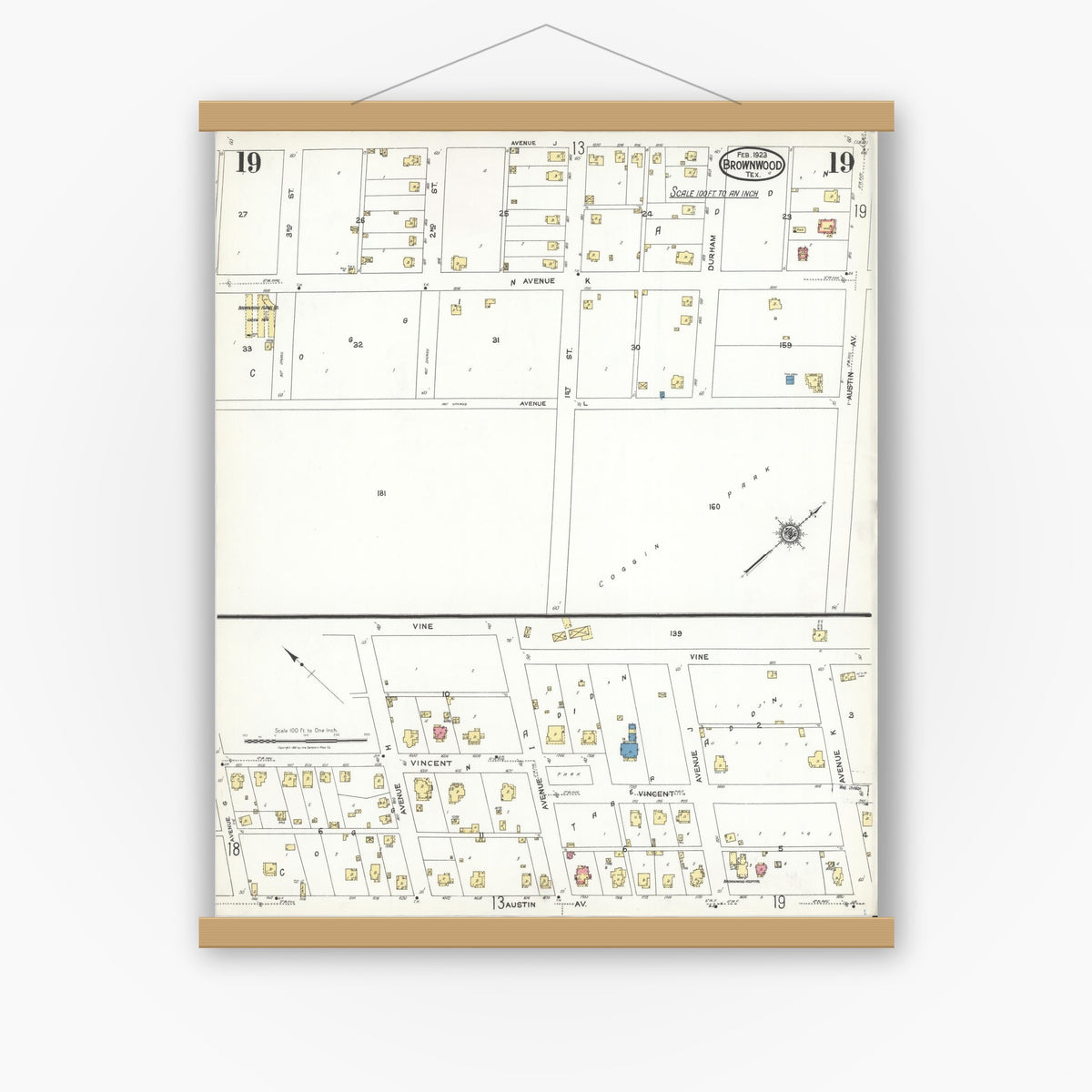 Old map wall art mockup — magnetic wood frame on white wall — Sanborn Fire Insurance Map from Brownwood, Brown County, Texas (1923), Sheet #0019