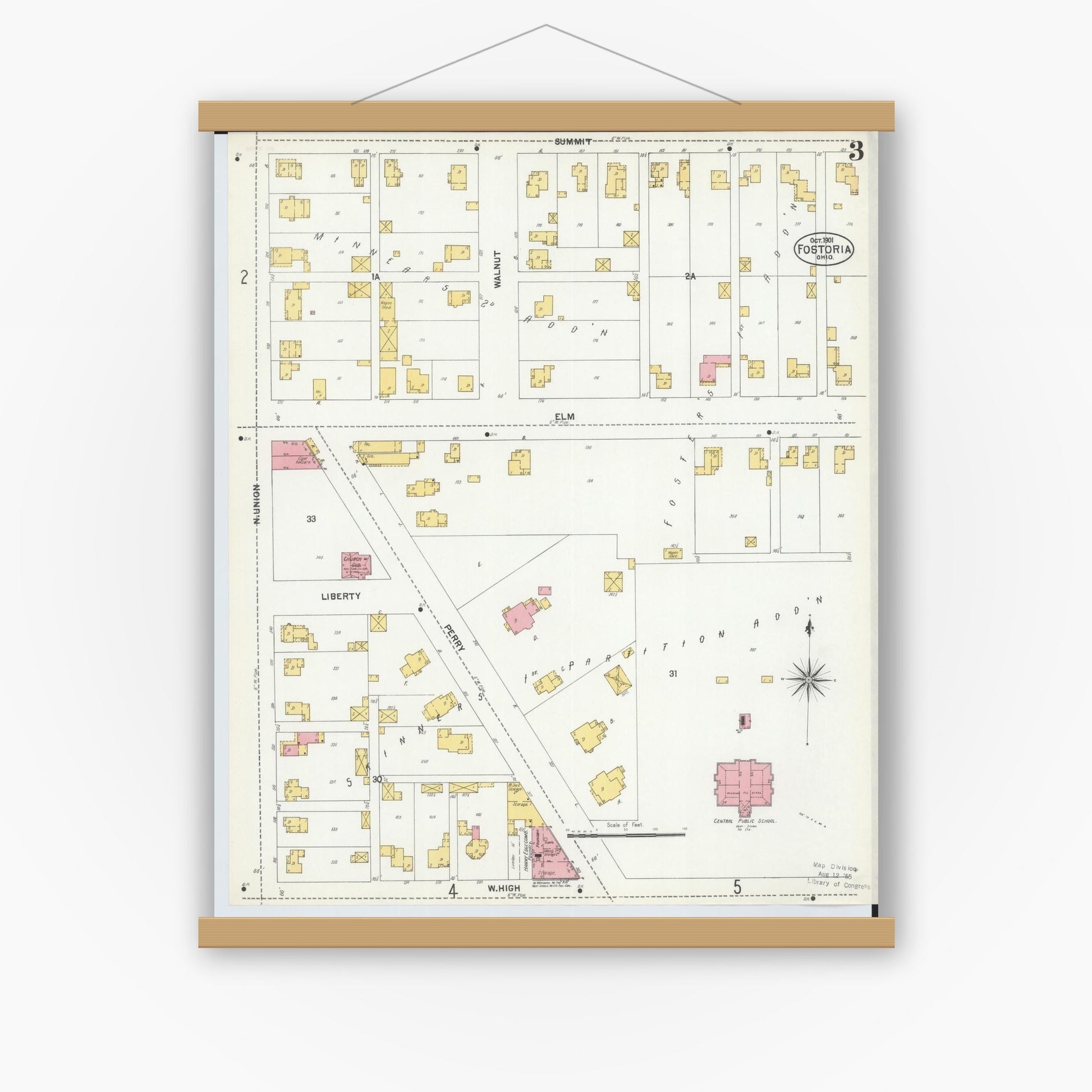 Old map wall art mockup — magnetic wood frame on white wall — Sanborn Fire Insurance Map from Fostoria, Seneca, Hancock, And Wood Counties, Ohio (1901), Sheet #0003
