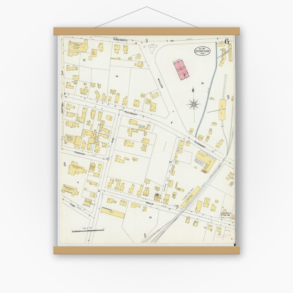 Old map wall art mockup — magnetic wood frame on white wall — Sanborn Fire Insurance Map from Stoneham, Middlesex County, Massachusetts (1903), Sheet #0006
