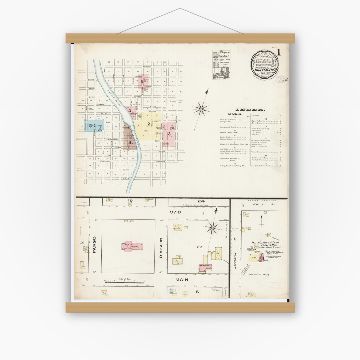 Old map wall art mockup — magnetic wood frame on white wall — Sanborn Fire Insurance Map from Independence, Buchanan County, Iowa (1885) â€” Complete Set