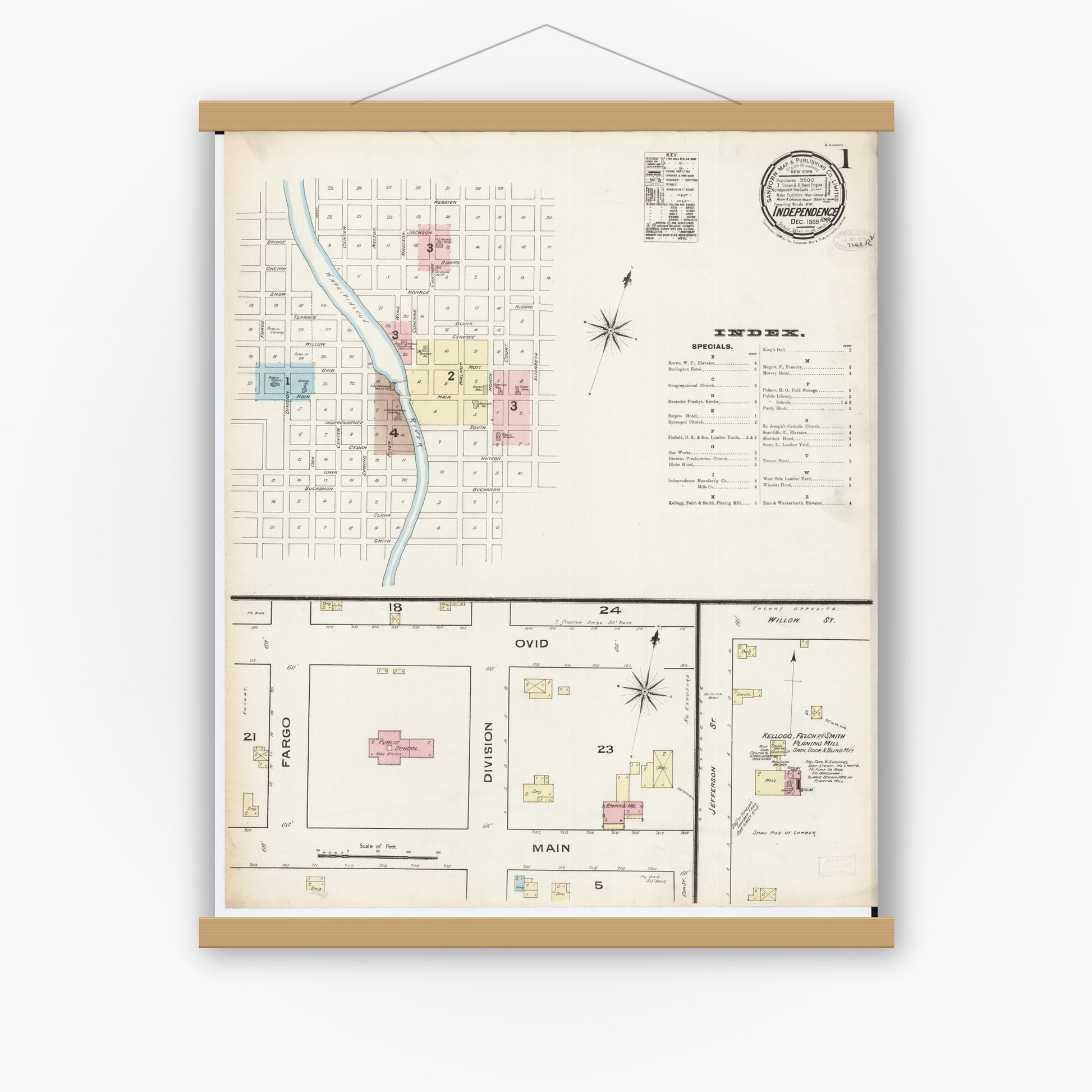 Old map wall art mockup — magnetic wood frame on white wall — Sanborn Fire Insurance Map from Independence, Buchanan County, Iowa (1885) â€” Complete Set