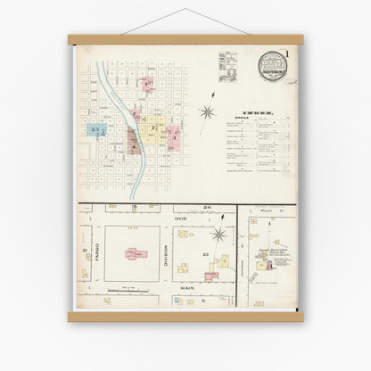 Old map wall art mockup — magnetic wood frame on white wall — Sanborn Fire Insurance Map from Independence, Buchanan County, Iowa (1885) â€” Complete Set