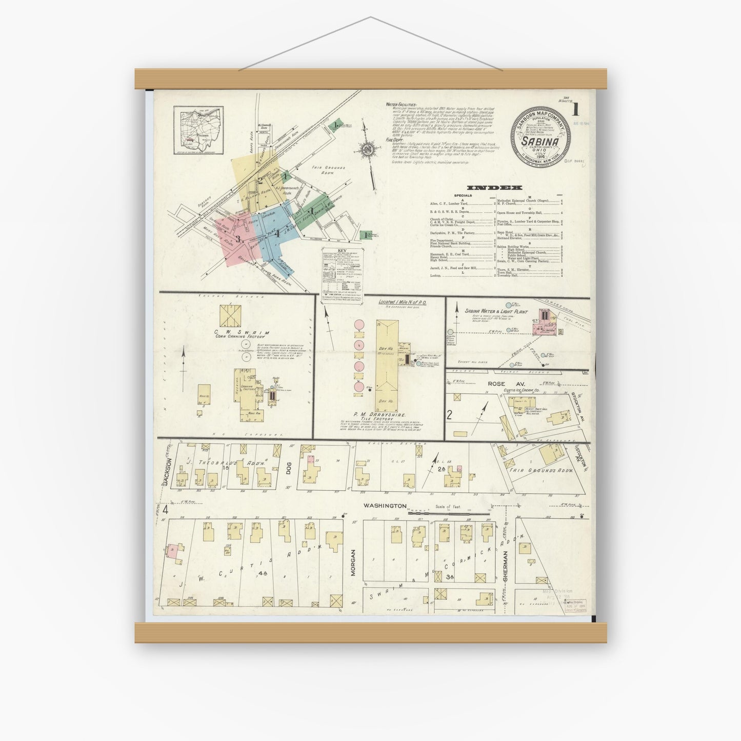 Old map wall art mockup — magnetic wood frame on white wall — Sanborn Fire Insurance Map from Sabina, Clinton County, Ohio (1914) - Complete Map Set
