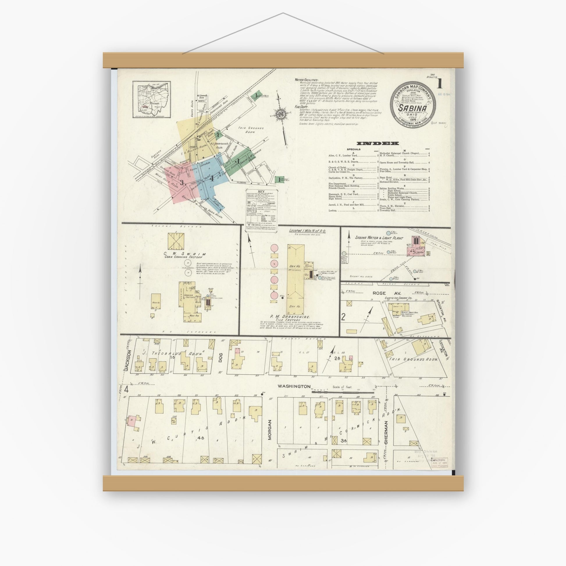 Old map wall art mockup — magnetic wood frame on white wall — Sanborn Fire Insurance Map from Sabina, Clinton County, Ohio (1914) - Complete Map Set