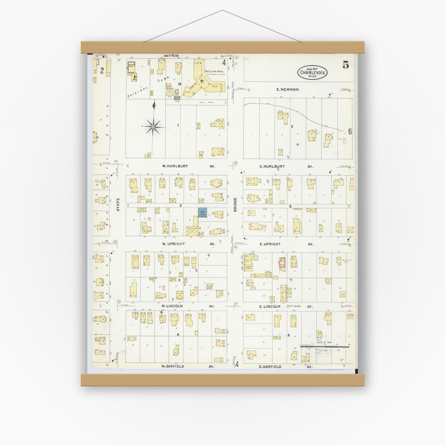 Old map wall art mockup — magnetic wood frame on white wall — Sanborn Fire Insurance Map from Charlevoix, Charlevoix County, Michigan (1907), Sheet #0005