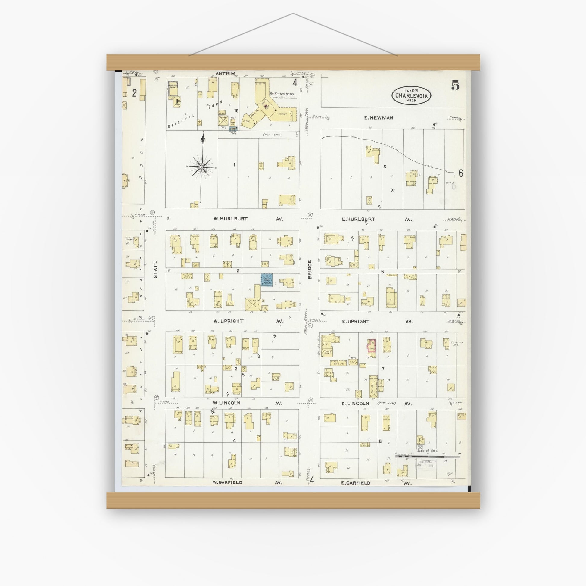 Old map wall art mockup — magnetic wood frame on white wall — Sanborn Fire Insurance Map from Charlevoix, Charlevoix County, Michigan (1907), Sheet #0005