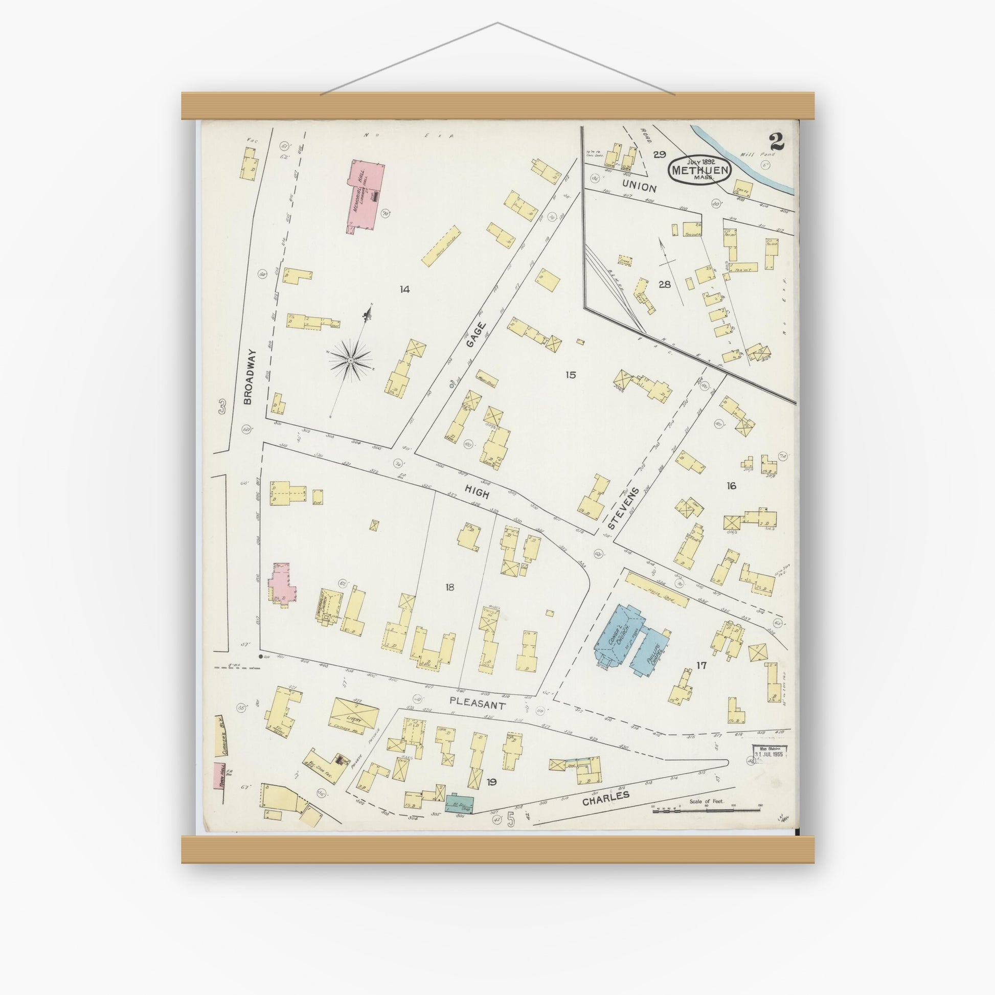 Old map wall art mockup — magnetic wood frame on white wall — Sanborn Fire Insurance Map from Methuen, Essex County, Massachusetts (1892), Sheet #0002