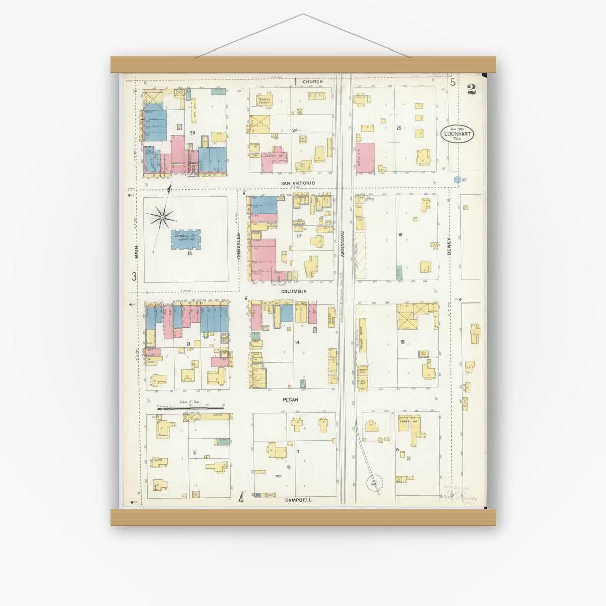 Old map wall art mockup — magnetic wood frame on white wall — Sanborn Fire Insurance Map from Lockhart, Caldwell County, Texas (1903), Sheet #0002