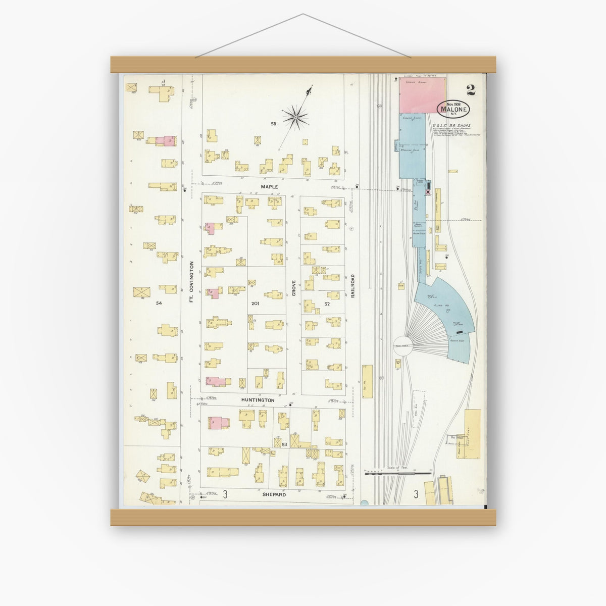 Old map wall art mockup — magnetic wood frame on white wall — Sanborn Fire Insurance Map from Malone, Franklin County, New York (1908) - Complete Map Set