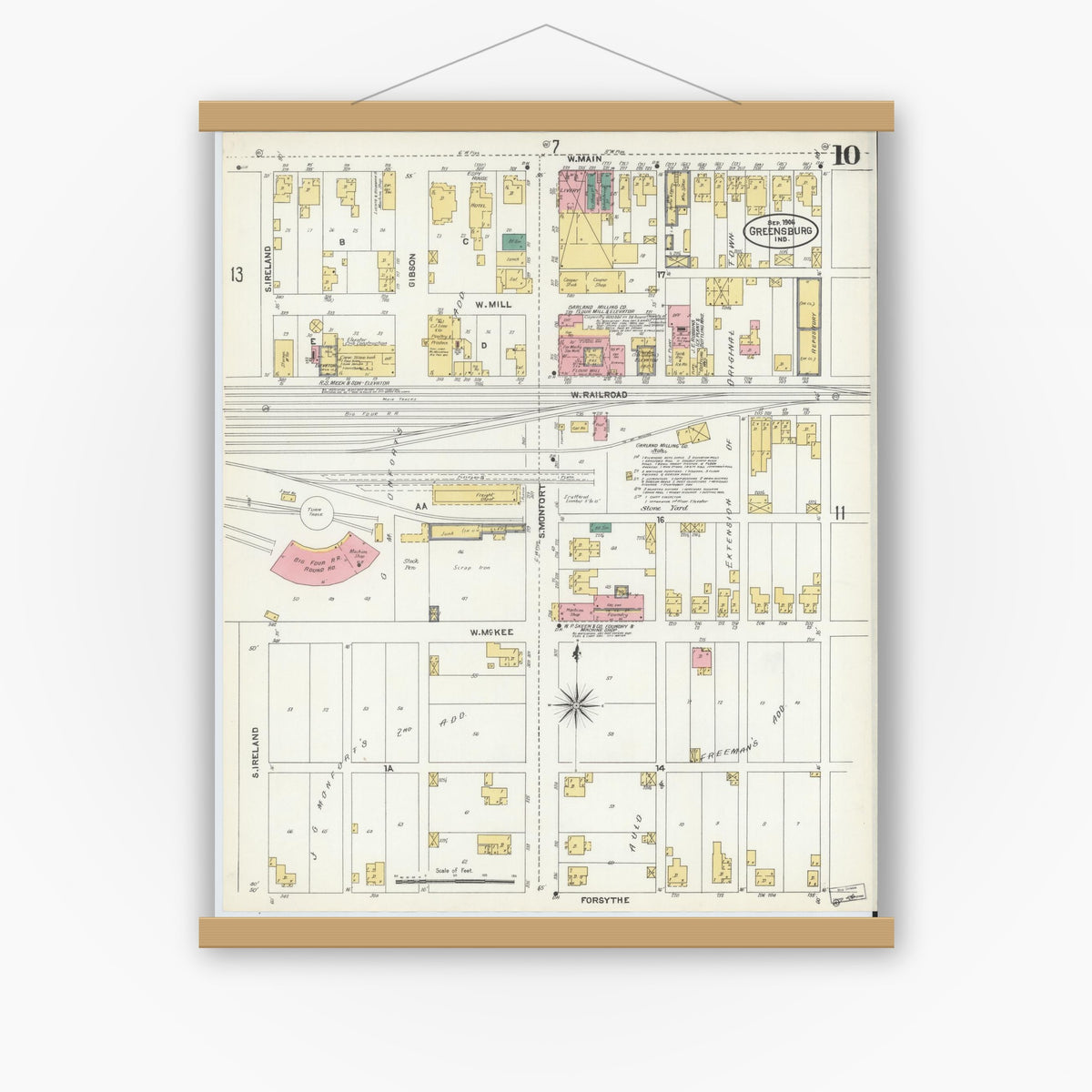 Old map wall art mockup — magnetic wood frame on white wall — Sanborn Fire Insurance Map from Greensburg, Decatur County, Indiana (1906), Sheet #0010