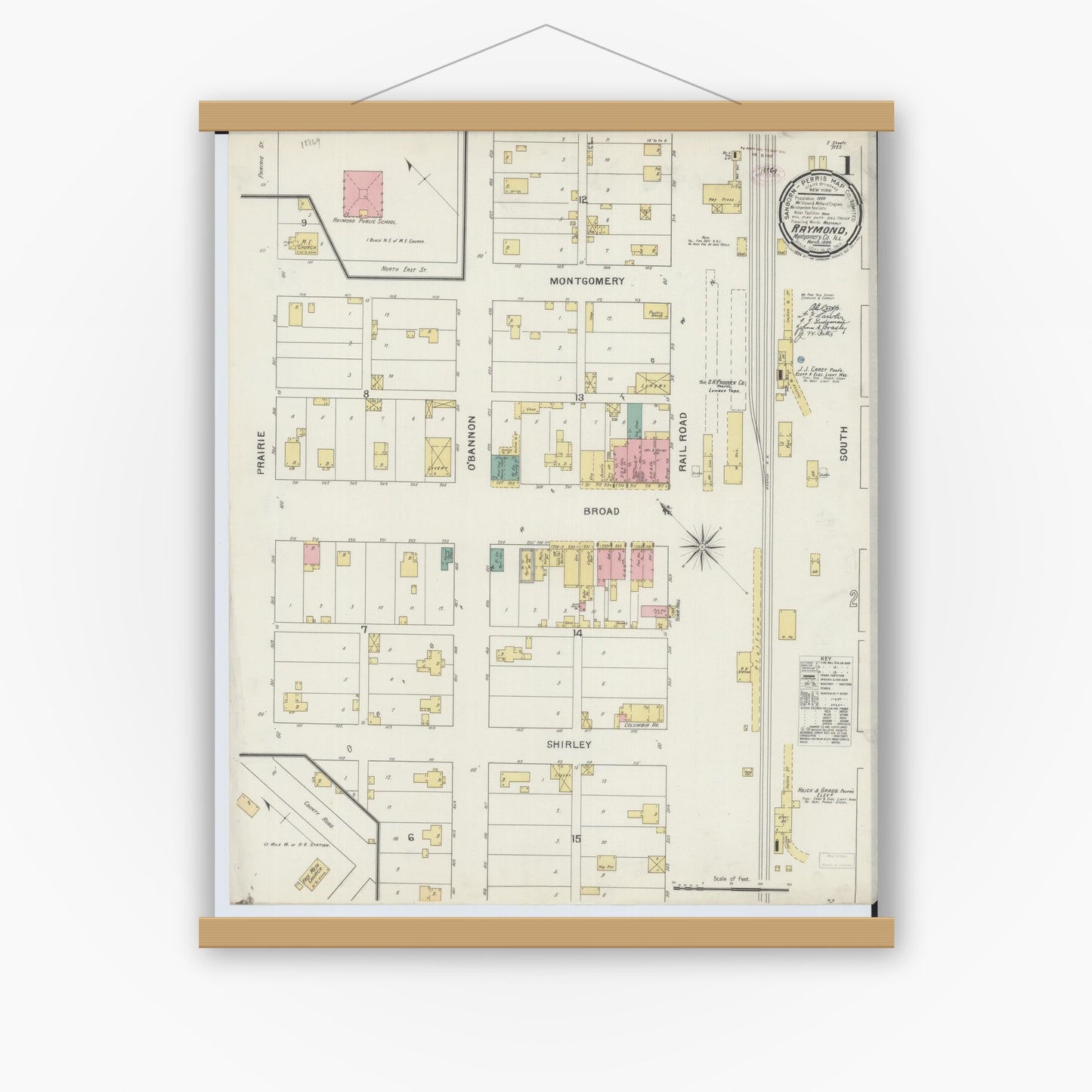 Old map wall art mockup — magnetic wood frame on white wall — Sanborn Fire Insurance Map from Raymond, Montgomery County, Illinois (1894), Sheet #0001